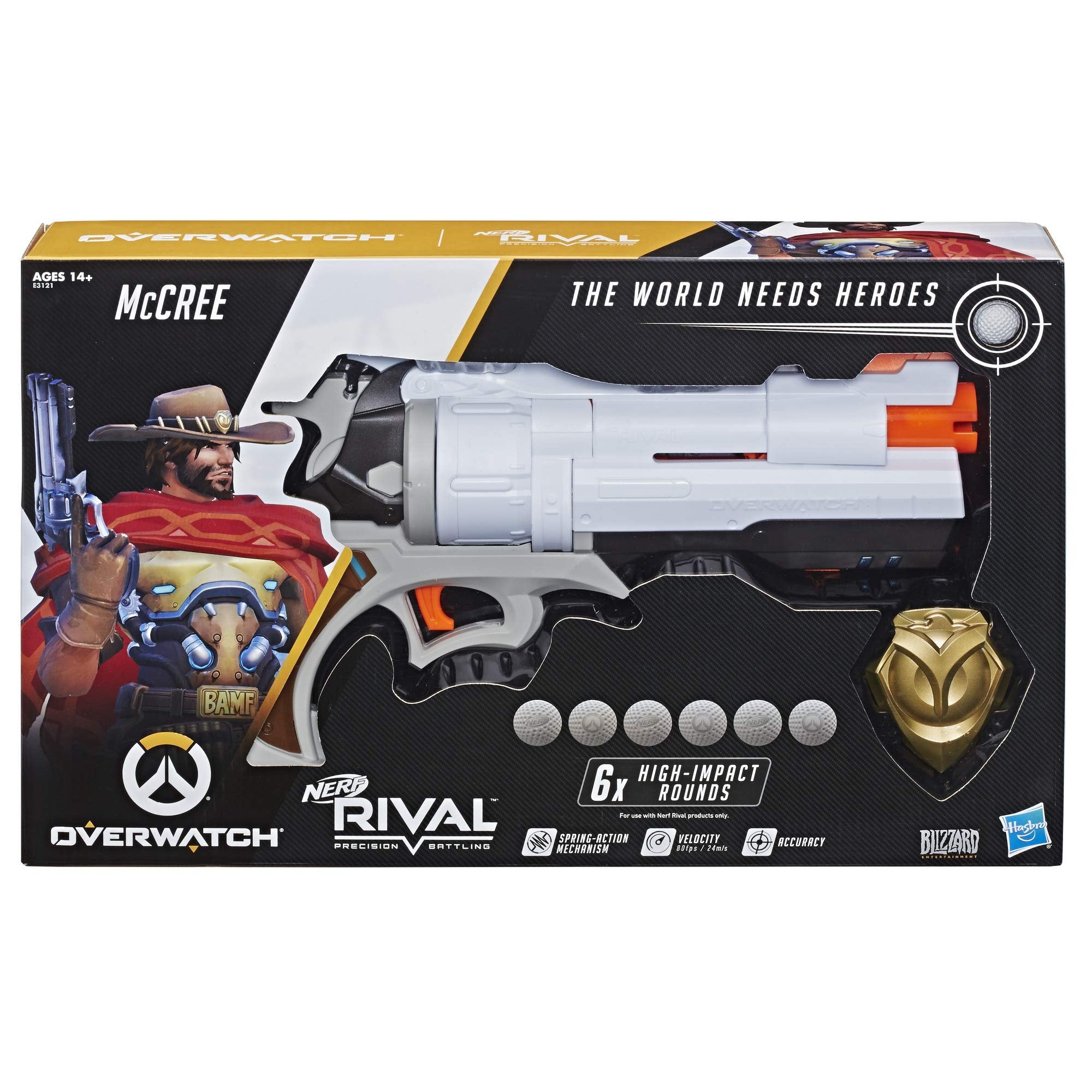 Nerf Overwatch McCree Rival Blaster with Die Cast Badge & 6 Overwatch Rival Rounds
