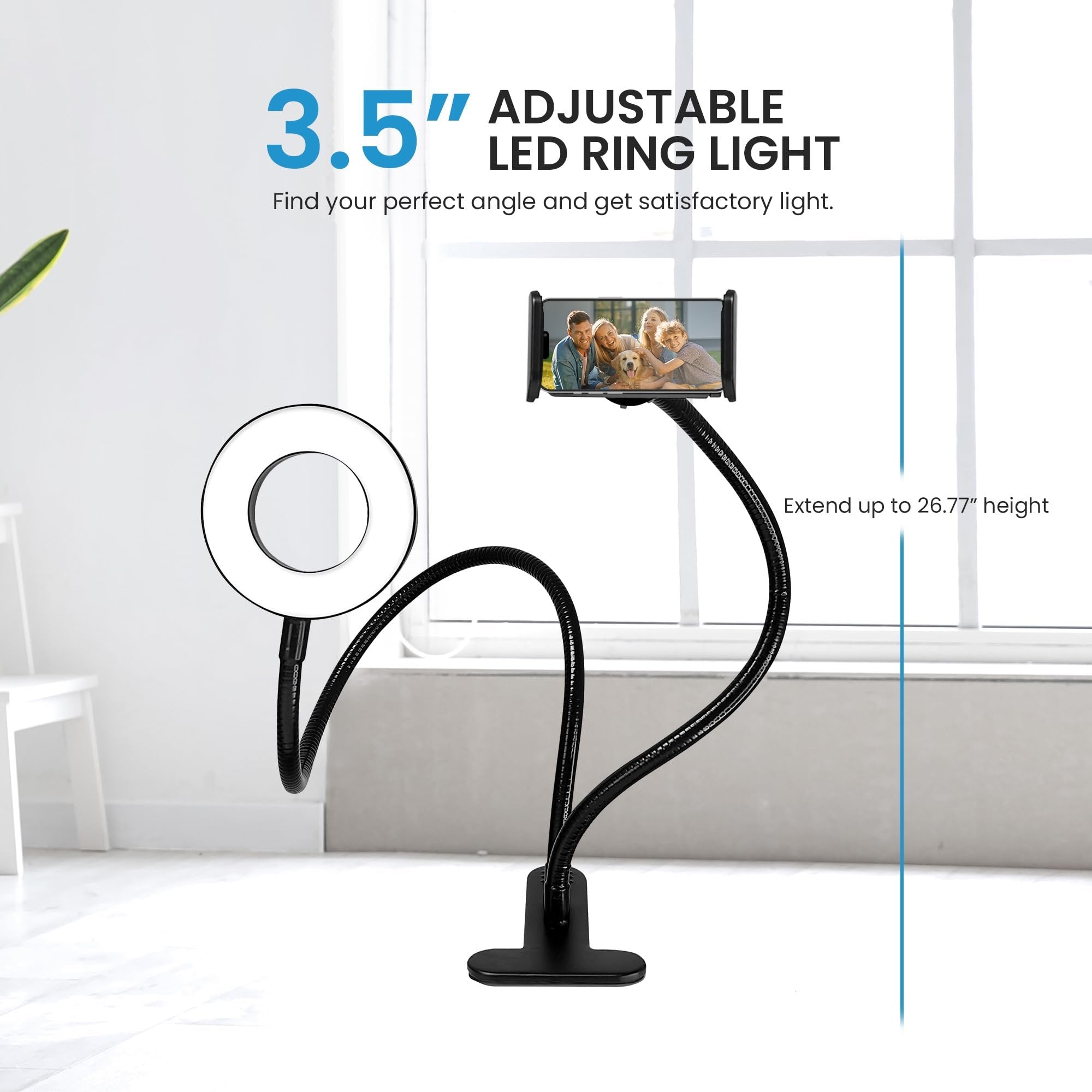 iDance LED Ring Light with Cell Phone Clip Stand Holder, 3.5", Grip Flexible Long Arm Gooseneck Bracket Mount Clamp with Bluetooth Remote Control for Desk, Bed, Compatible with iPhone and Smartphone