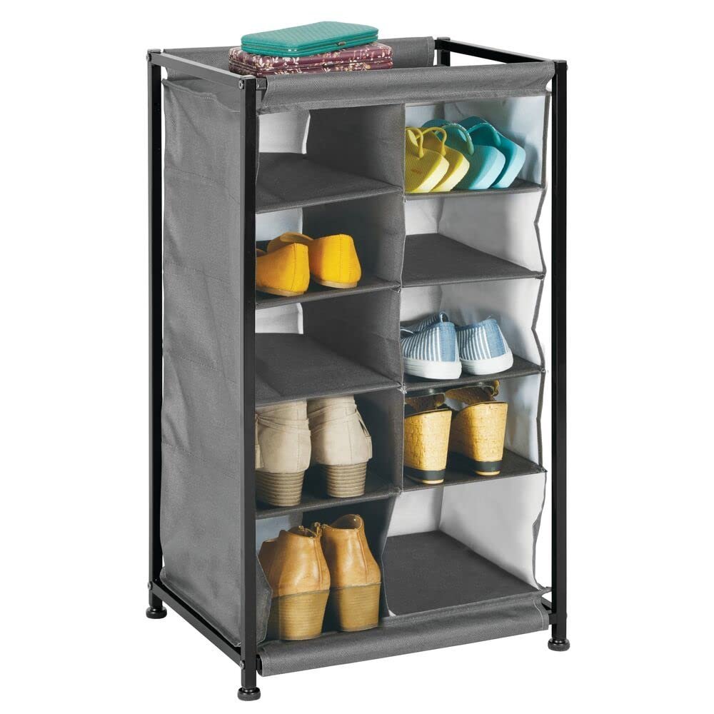 mDesign Soft Fabric Shoe Rack Holder & Organizer - 10 Cube Storage Shelf for Closet, Entryway, Mudroom, Garage, Kids Playroom - Metal Frame, Easy Assembly - Closet Organization - Charcoal Gray
