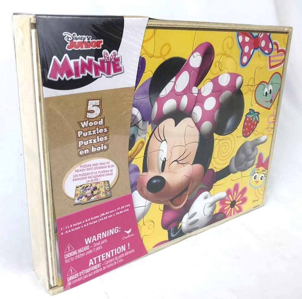 Disney Minnie Mouse 5 Wood Jigsaw Puzzles in Wood Storage Box