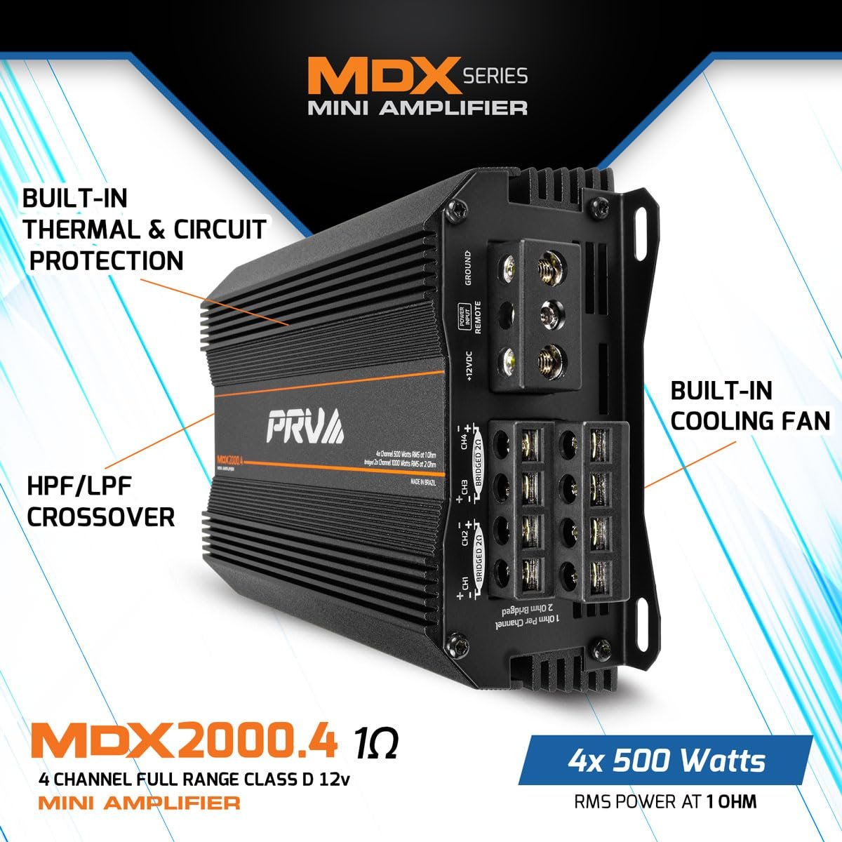 PRV Audio MDX2000.4 1 Ohm Mini 4 Channel Car Audio Amplifier 4 x 500 Watts RMS at 1 Ohm - 2000 Watt 12 Volts Bridgeable Amp for Powersports, Motorcycles, ATV, for High Power Stereo Speaker Systems