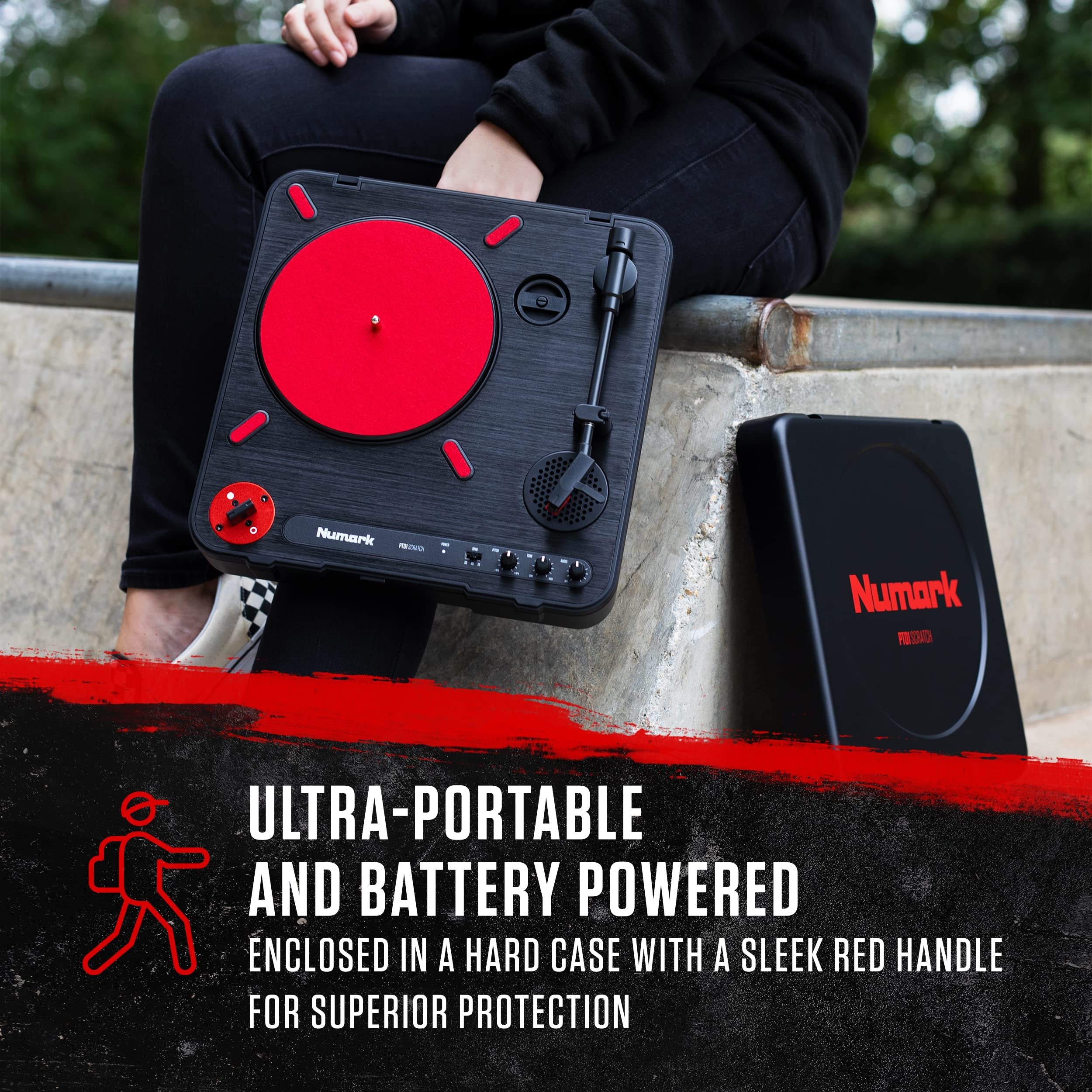 Numark PT01 Scratch | DJ Turntable for Portablists With User Replaceable Scratch Switch, Built In Speaker, Power via Battery or AC Adapter, Three Speed RPM Selection & USB Connectivity