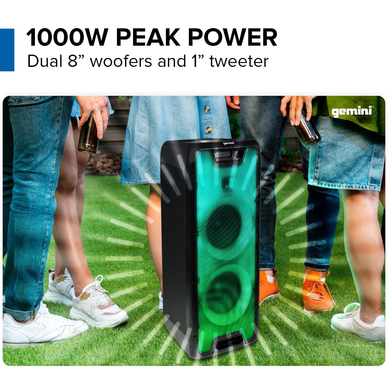 Gemini Bluetooth Speaker 1000W with LED Light Show, Dual 8" Woofers, Mic & Guitar Inputs, TWS Pairing, USB/FM/Bluetooth Playback, 16 Hr Battery, Remote Control – Perfect for Parties & Events (GLS-880)