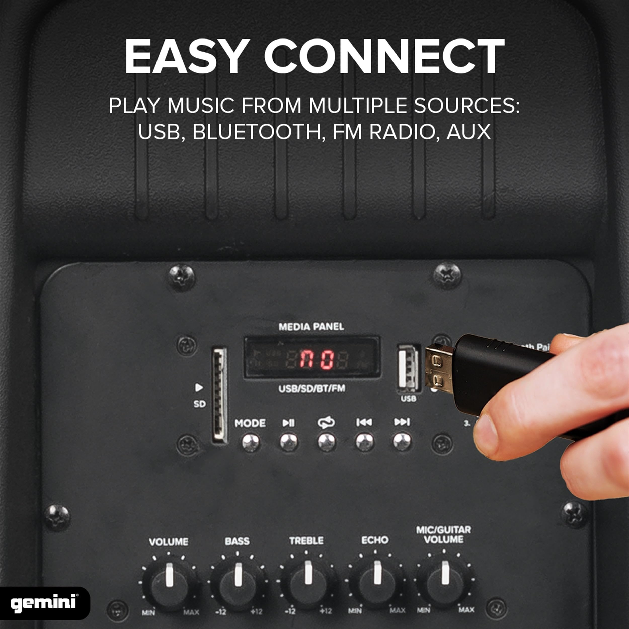 Gemini Sound AS-15TOGO: 2000W Portable Battery-Powered PA with Wheels, Bluetooth, Echo Effect, USB/SD Playback