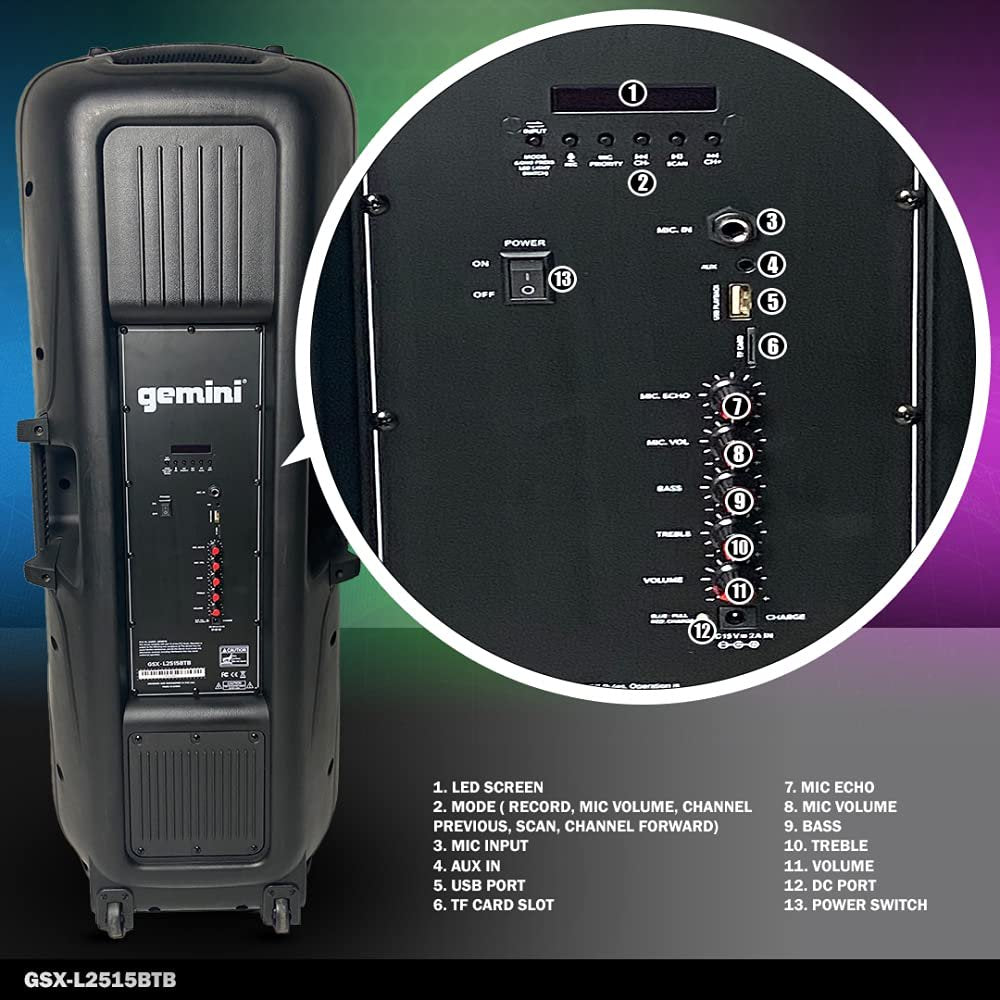 Gemini GSX-L2515BTB GSX-L2515BTB Portable Dual 15 in. Rechargeable Powered Bluetooth Loudspeaker