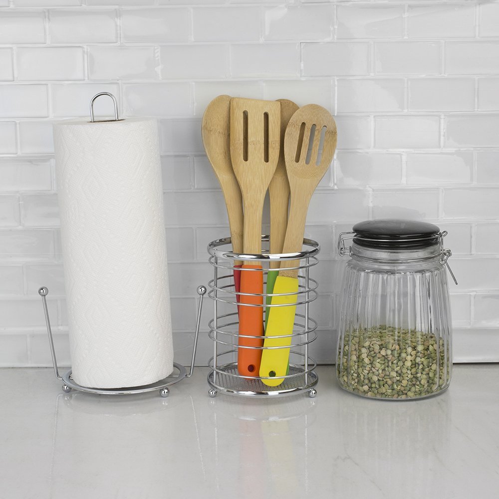 Home Basics Kitchen Utensil Holder for Kitchen Counter Chrome Plated Steel Utensil Crock | Utensil Storage Caddy Organizer for Cooking Spoons, Spatulas, Forks, Whisks, and More