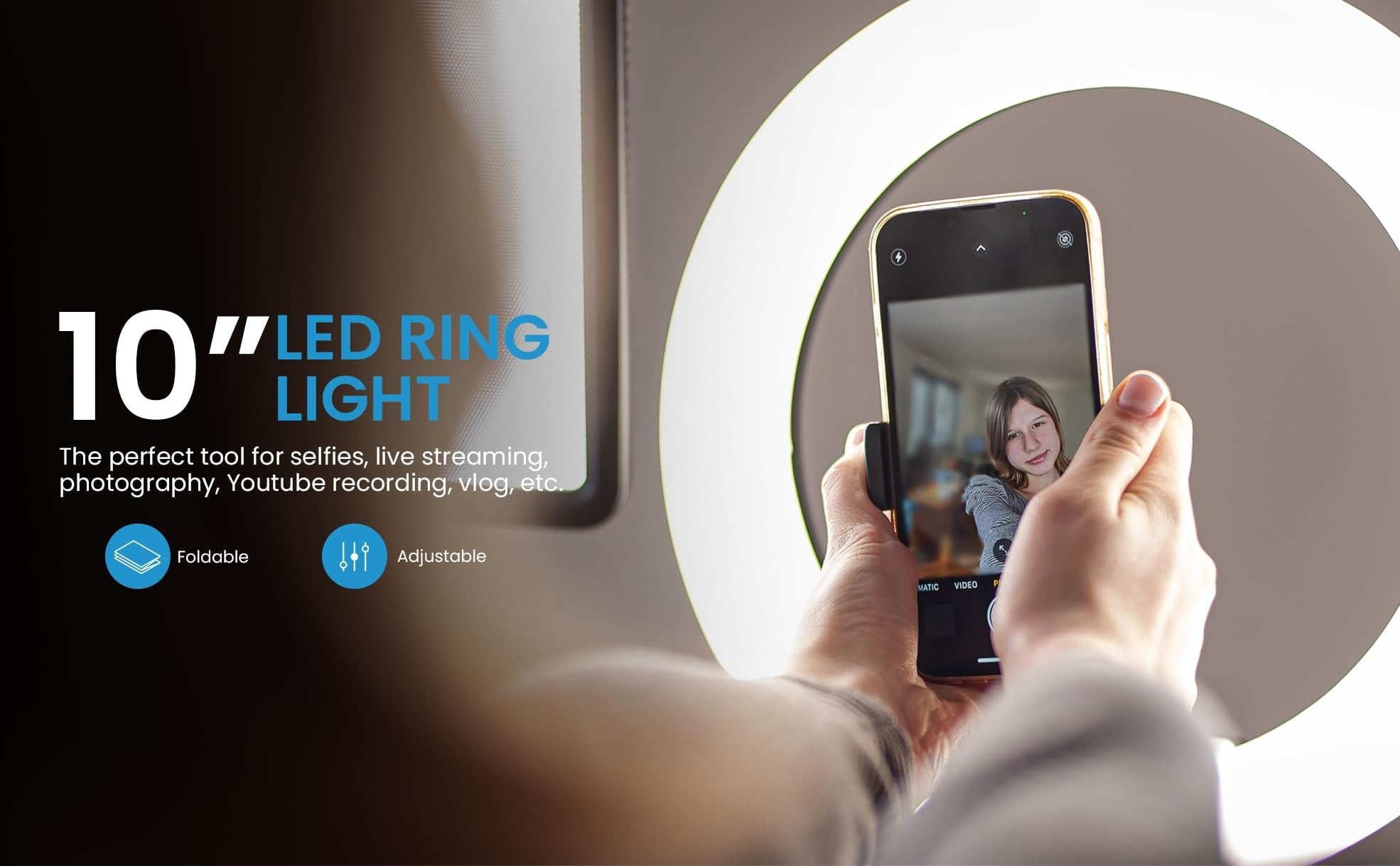 iDance LED Ring Light with Cell Phone Holder, 10", USB Powered with Bluetooth Remote Control and Foldable Adjustable Tripod Stand, Selfie, Makeup Ring Light with Universal iPad Mini Holder