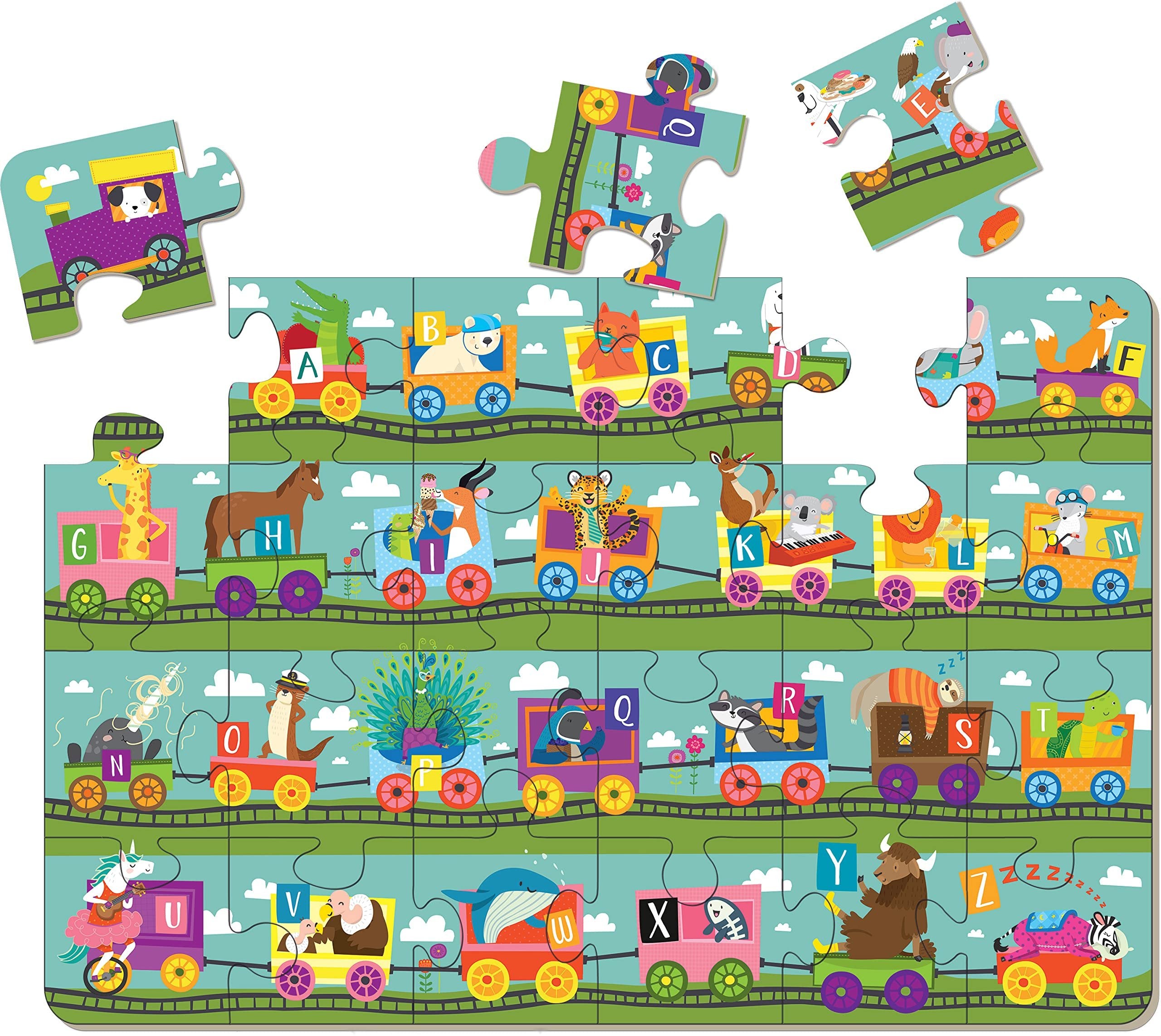 Bendon Alphabet Letter Train Shaped Jumbo Jigsaw Floor Puzzle (24 pcs, 3 x 2 feet Long) - Kids Vehicle Puzzles, Large Floor Puzzles for Preschoolers and Kids Ages 3+