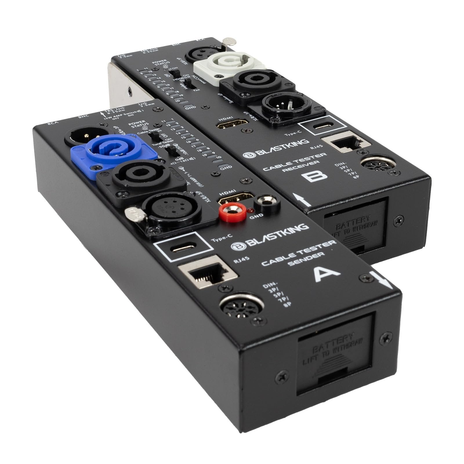 Blastking CTAB Cable Tester A/B – Universal Detachable Cable Tester for XLR, 1/4”, RCA, Speakon, USB, HDMI, BNC, RJ45 & More – Portable Audio/Video/Network Cable Checker