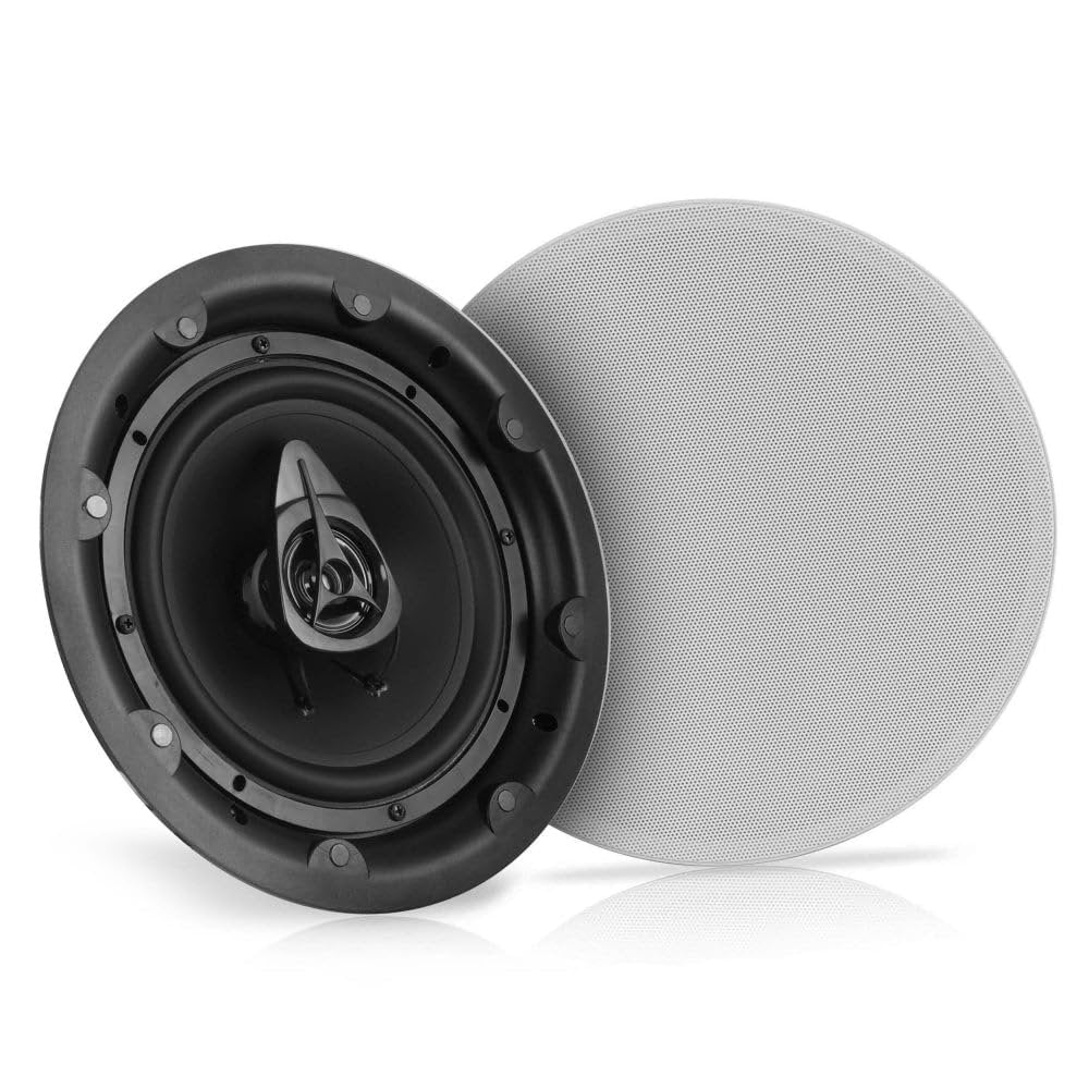 Pyle Ceiling and Wall Mount Speaker - 8” Dual 2-Way Audio Stereo Sound Subwoofer Sound with Tweeter, 600 Watts, In-Wall & In-Ceiling Flush Mount for Home Surround System - 1 Pair - Pyle PWRC83 (White)