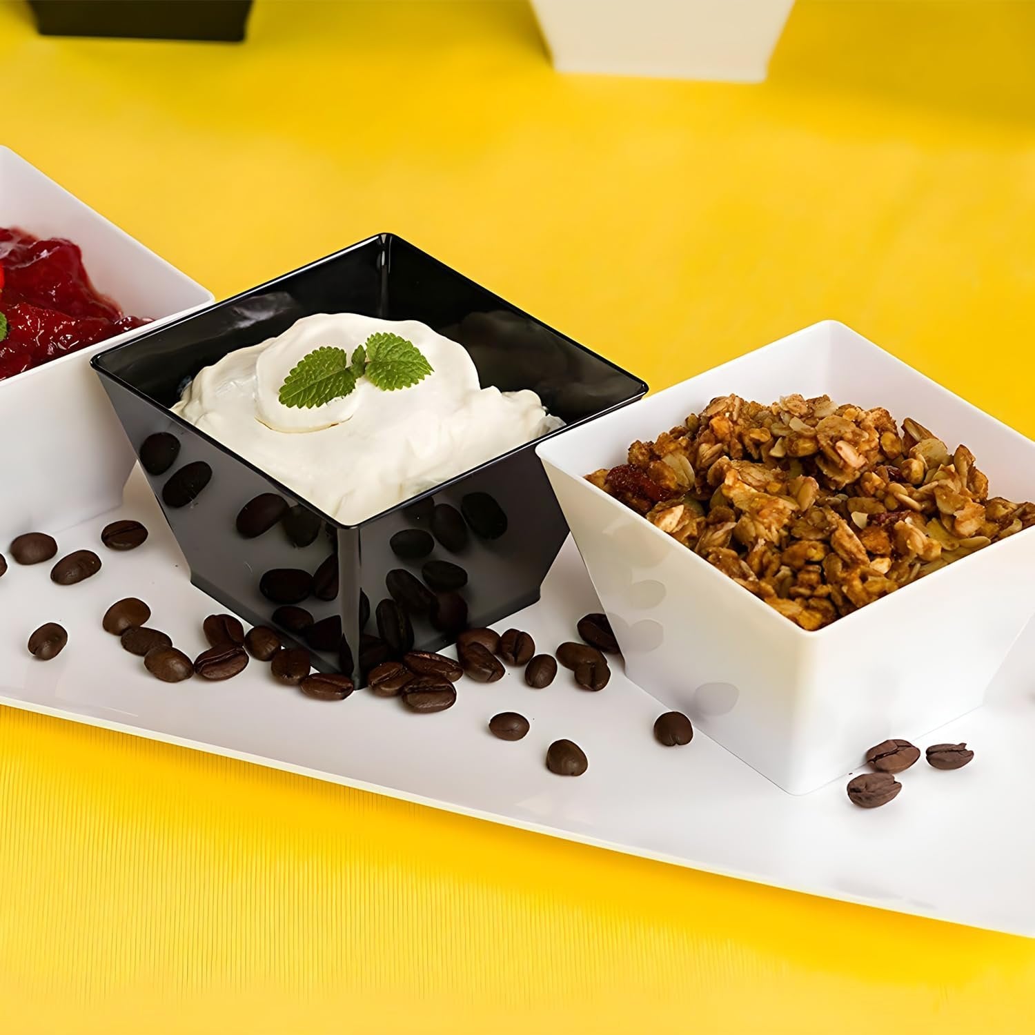 Lillian Tablesettings Plastic 8 oz Rectangles Servingware | Pack of 20 Party Bowls, 3.5 x 3.5 x 1.75 inches, Pearl/White