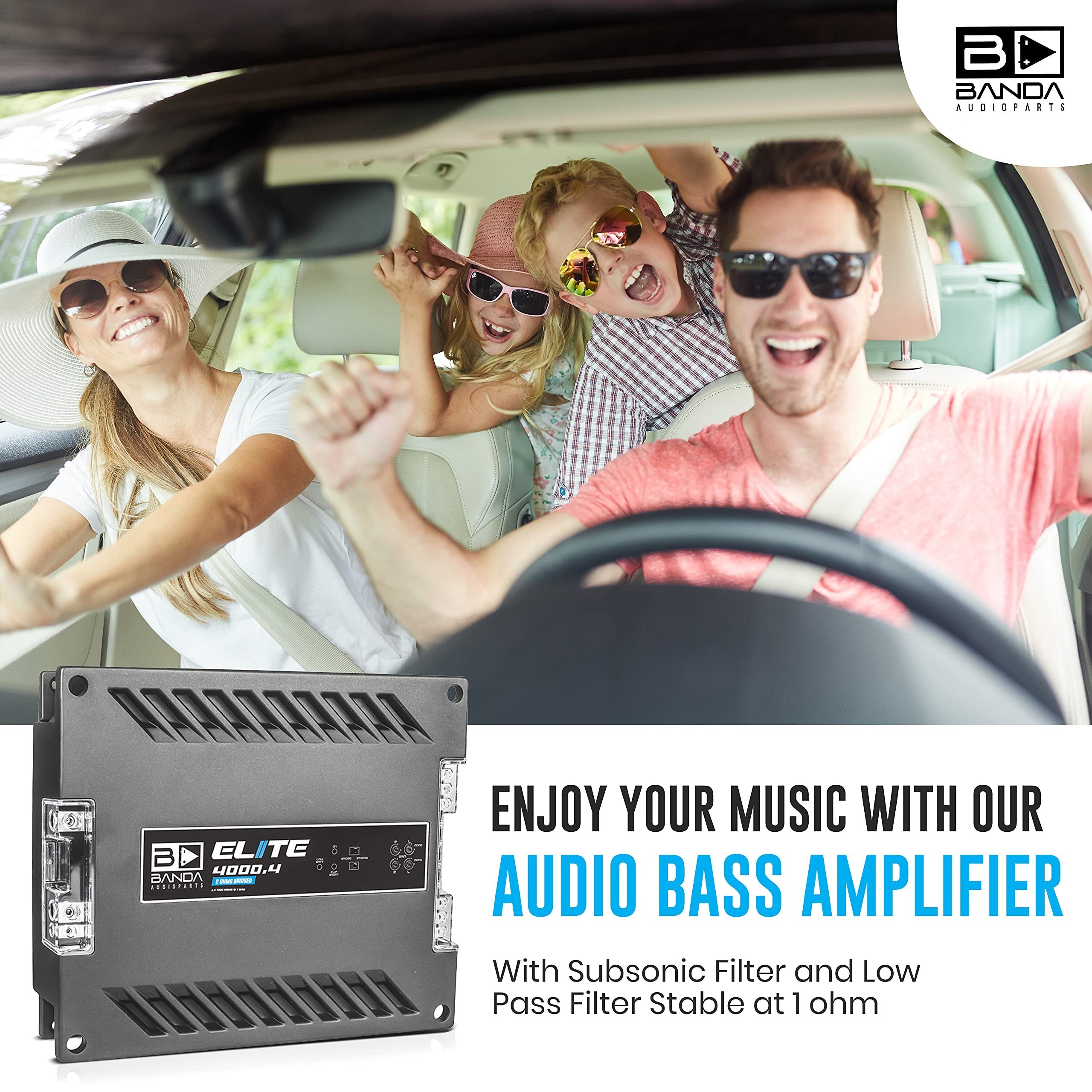 Banda 4-Channel Vehicle Audio Bass Amplifier - 1000 Watts Max High-Powered Mono Bass Amplifier Subsonic Filter and Low Pass Filter Stable at 1 ohm, LED Indicators, Sound Specialization - 4000.41OHM