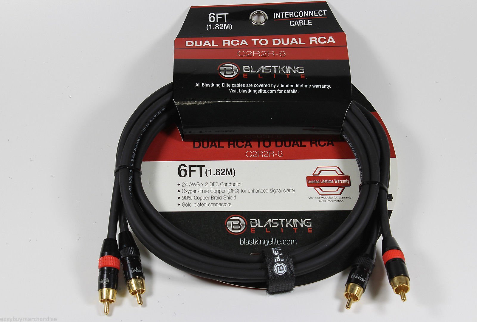 Blast King C2R2R-6 Dual RCA to Dual RCA 6FT Interconnected Cable Oxygen-Free Copper (OFC) for Enhanced Signal Clarity 90% Copper Braid Shield Reduces Noise Signal Degradation