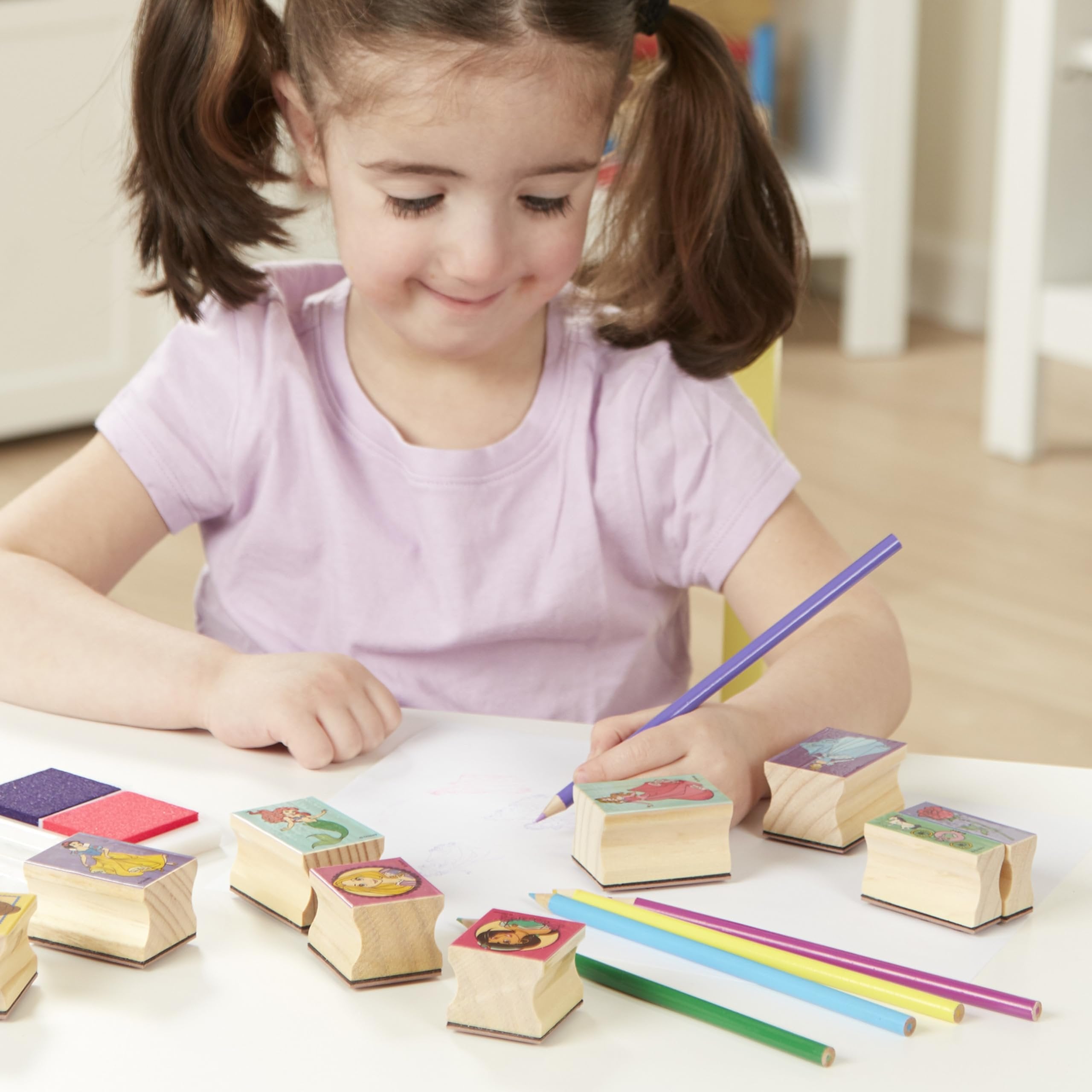 Melissa & Doug Disney Princess Wooden Stamp Set: 9 Stamps, 5 Colored Pencils, and 2-Color Stamp Pad