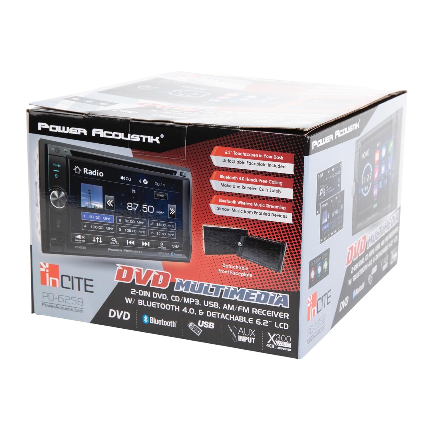 Power Acoustik PD-625B, 6.2 Inch Double Din Car Stereo, Detachable Face DVD 2-Din Multimedia Receiver Radio with Bluethooth and Back Up Camera Ready