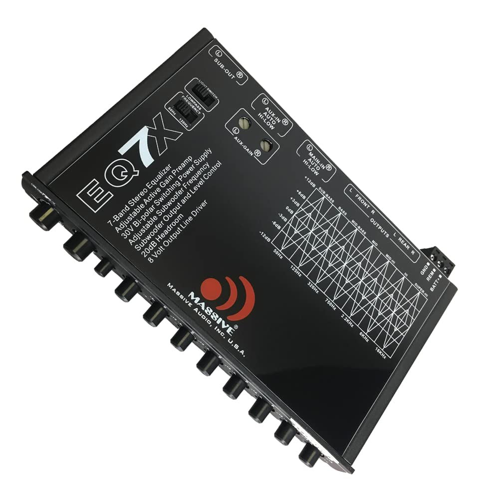 Massive Audio EQ7X Car Equalizer with 7 Band Graphic Equalizer Aux inputs Sub Output Active Gain Preamp 8v Line Driver - 12dB Crossover Auto Hi-Low Line Input