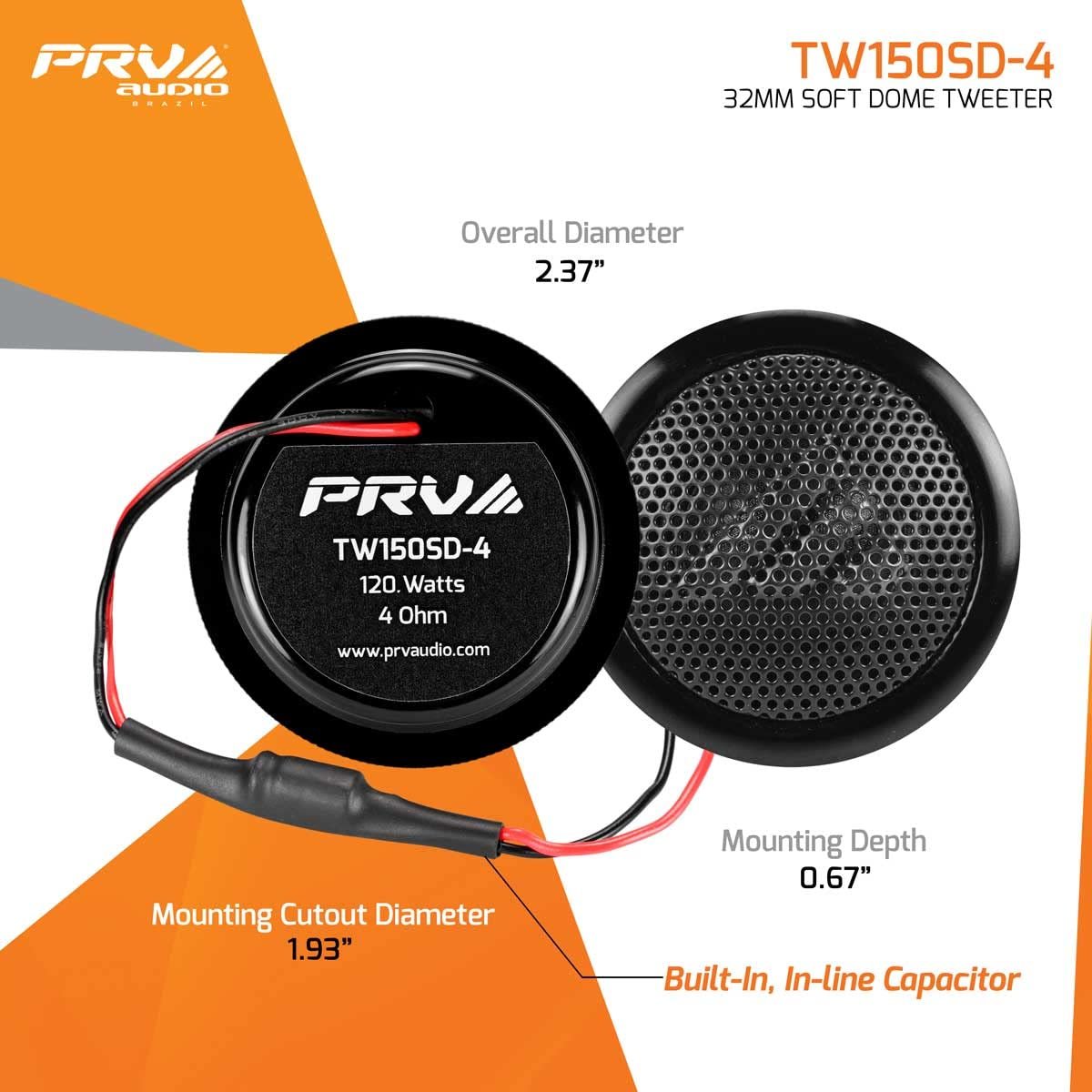 PRV AUDIO Soft Dome Tweeters 240 Watts 4 Ohm TW150SD-4 with Built-in Crossover, 32 mm Silk Dome, Neodymium Magnet for Car Audio and Motorcycle Systems Easy Flush Mount (Pair)
