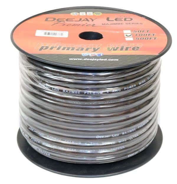 Four-gauge 100 Foot Black Pure Copper Stranded Power Cable Content Oxygen Free Copper Stranded Wire Style With Thick Black Outer Jacket Power Rating DEEJAY LED TBH4100BLKCOPPER