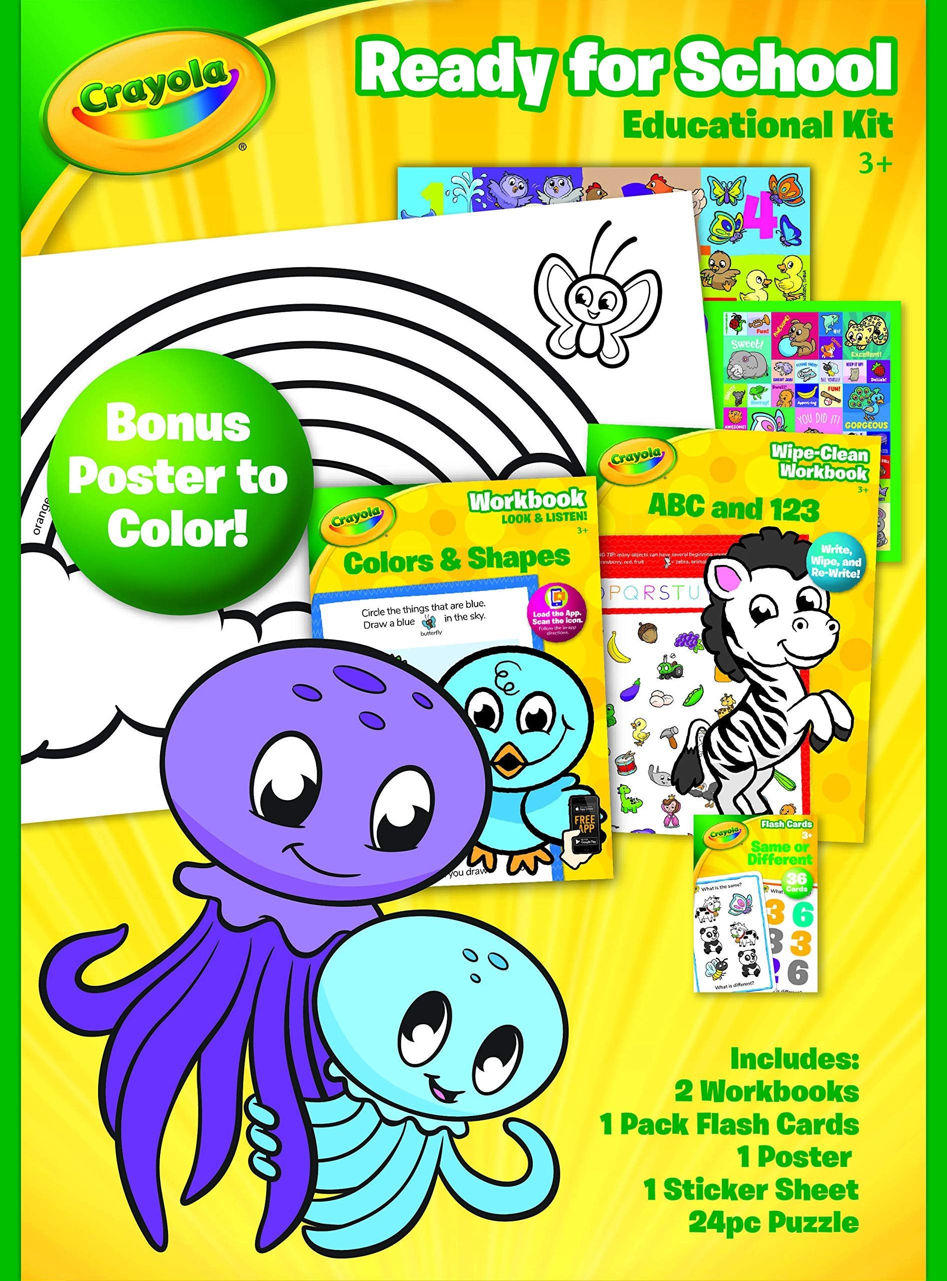 Crayola Preschool Learning Kit - Ready for School, Ages 3-5, includes Colors and Shapes Workbook, ABC/123 Wipe Clean Workbook, Flashcards, Poster, 24 ... All in a Reusable Travel and Storage Case.