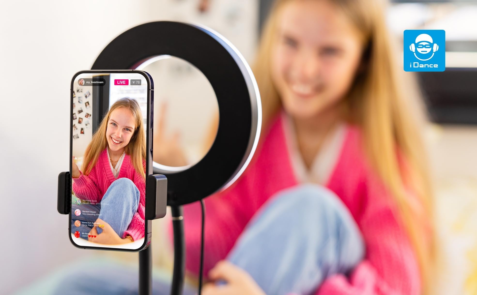 iDance LED Ring Light with Stand, 3.5", Portable Desk Ring Light with Cell Phone Mount, Microphone Holder and Tripod for Laptop, Selfie, USB Powered & Remote with Foldable & Adjustable Stand