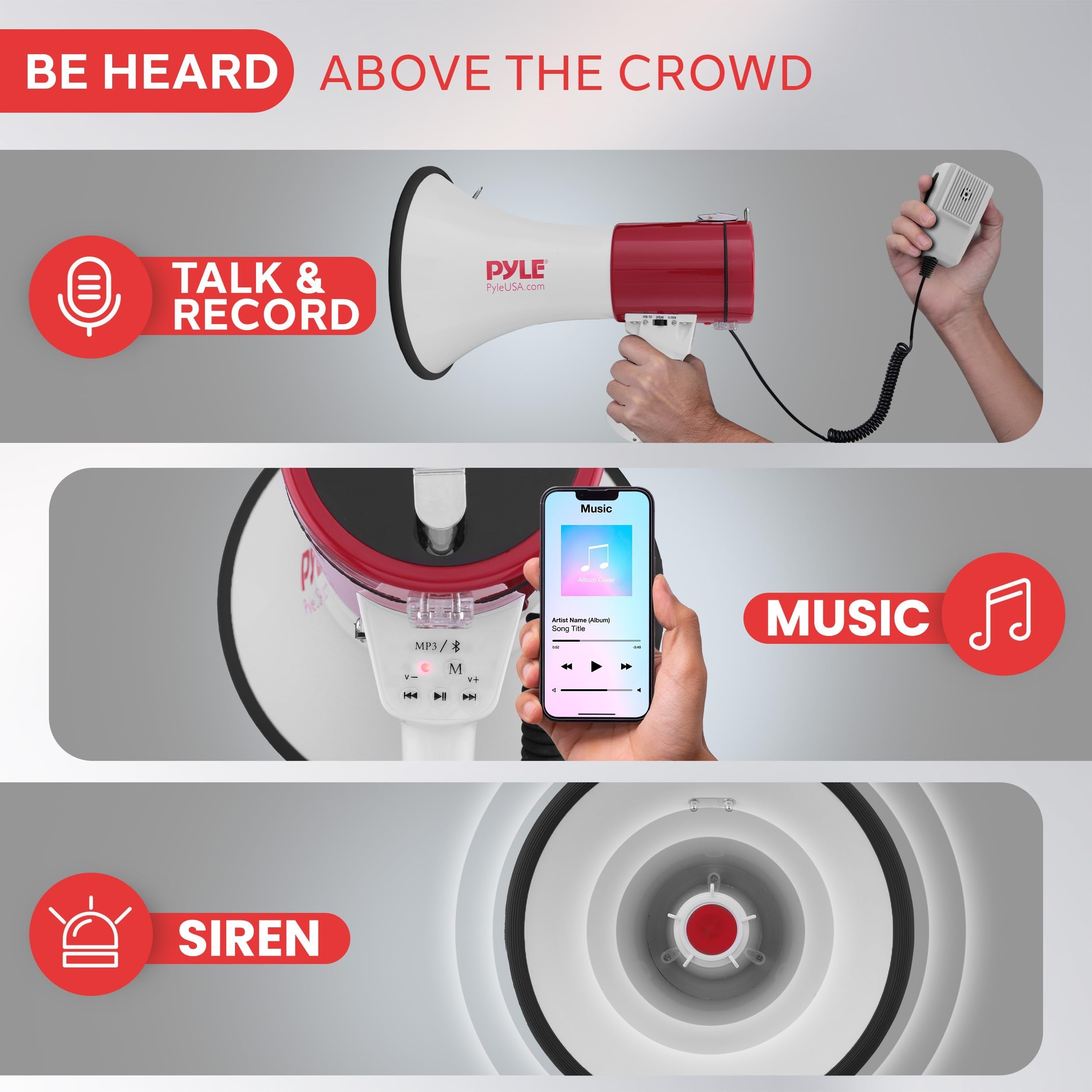 Pyle Portable Megaphone Speaker PA Bullhorn-Built-in Siren, 50W Adjustable Volume Control &1200 Yard Range-Ideal for Any Outdoor Sports,Cheerleading Fans & Coaches or for Safety Drills - PMP52BT