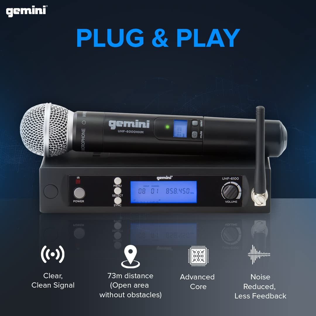 Gemini, Single Wireless Microphone System, Professional Handheld Long Range (150 Ft) Mic Set for DJ, Church, Karaoke, Gym, XLR Connector, 1 microfono (UHF-6100M-R2)
