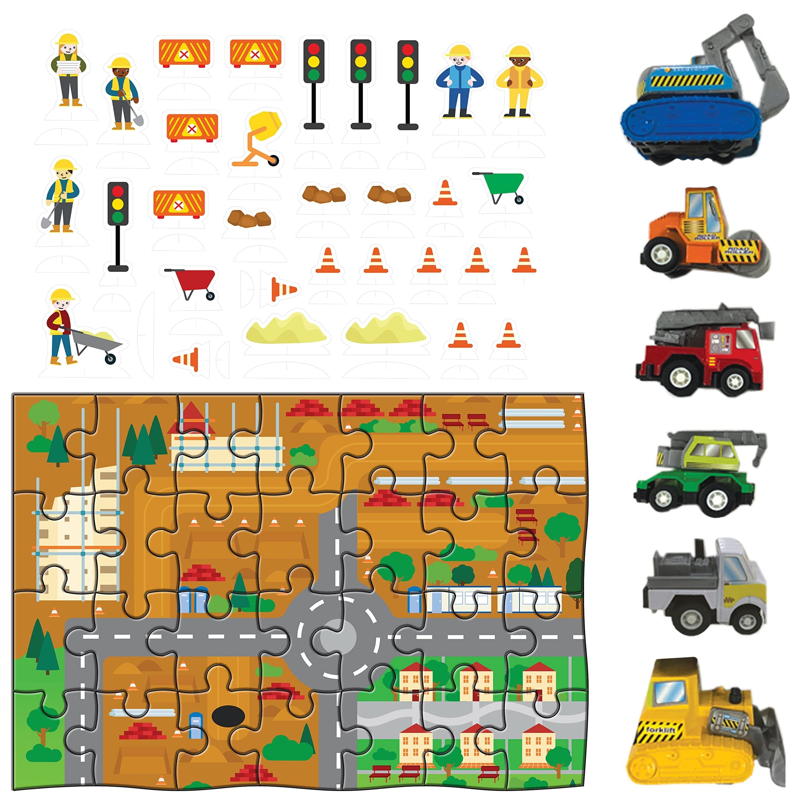 Hinkler Pull-back-and-go: Construction - 28-piece Floor Puzzle - Play Mat - Coloring and Activity Book - 6 Pull and Go Cars - Activity Set for Kids Aged 3 to 6