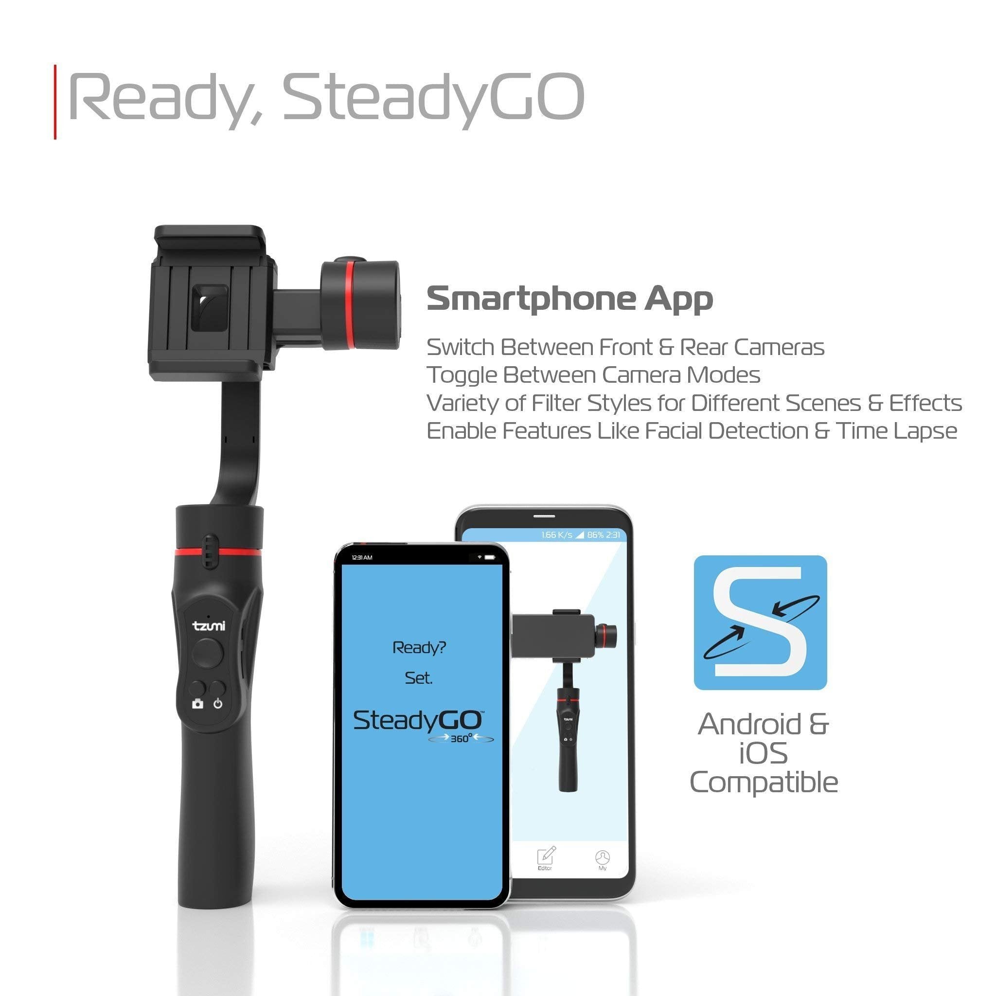 Tzumi SteadyGo Smartphone Stabilizing Gimbal – Motorized Rechargeable 3-Axis Handheld Gimbal for Smooth, Steady Digital Photography and Advanced Video Filming Techniques, Black (5643AMZ)