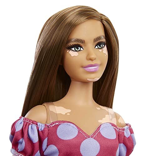 Barbie Fashionistas Doll #171, Curvy, Vitiligo, Long Brunette Hair, Off-Shoulder Polka Dot Dress, Purple Purse, White Boots,Toy for Kids 3 to 8 Years Old