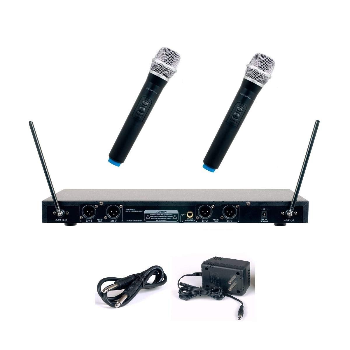 VocoPro, 4 Professional Quad VHF Wireless Microphone System, XLR, Black, VHF4000-2 (VHF-4000-2)