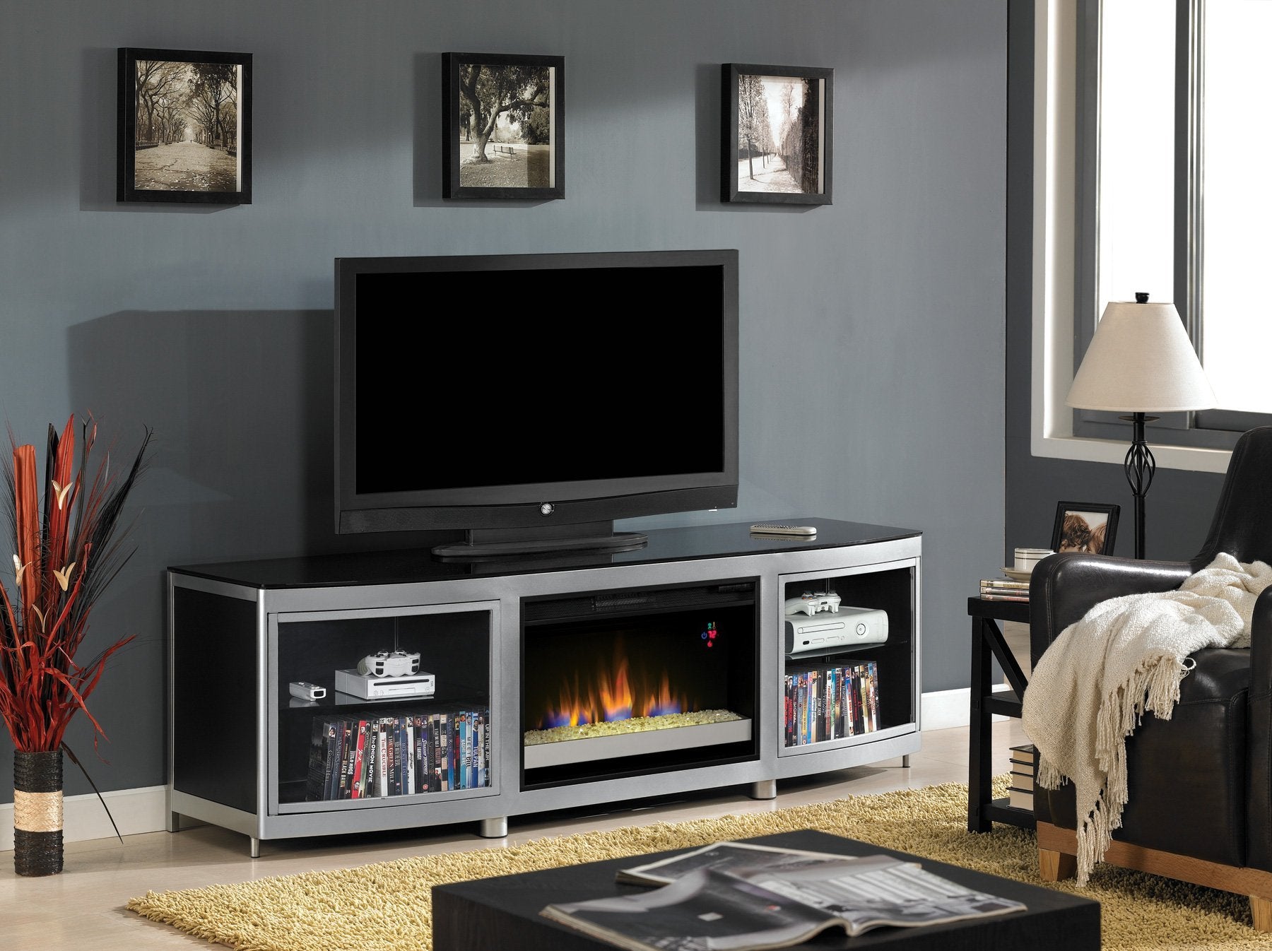 ClassicFlame Gotham TV Stand for TVs up to 80", Silver/Black (Electric Fireplace Insert sold separately)