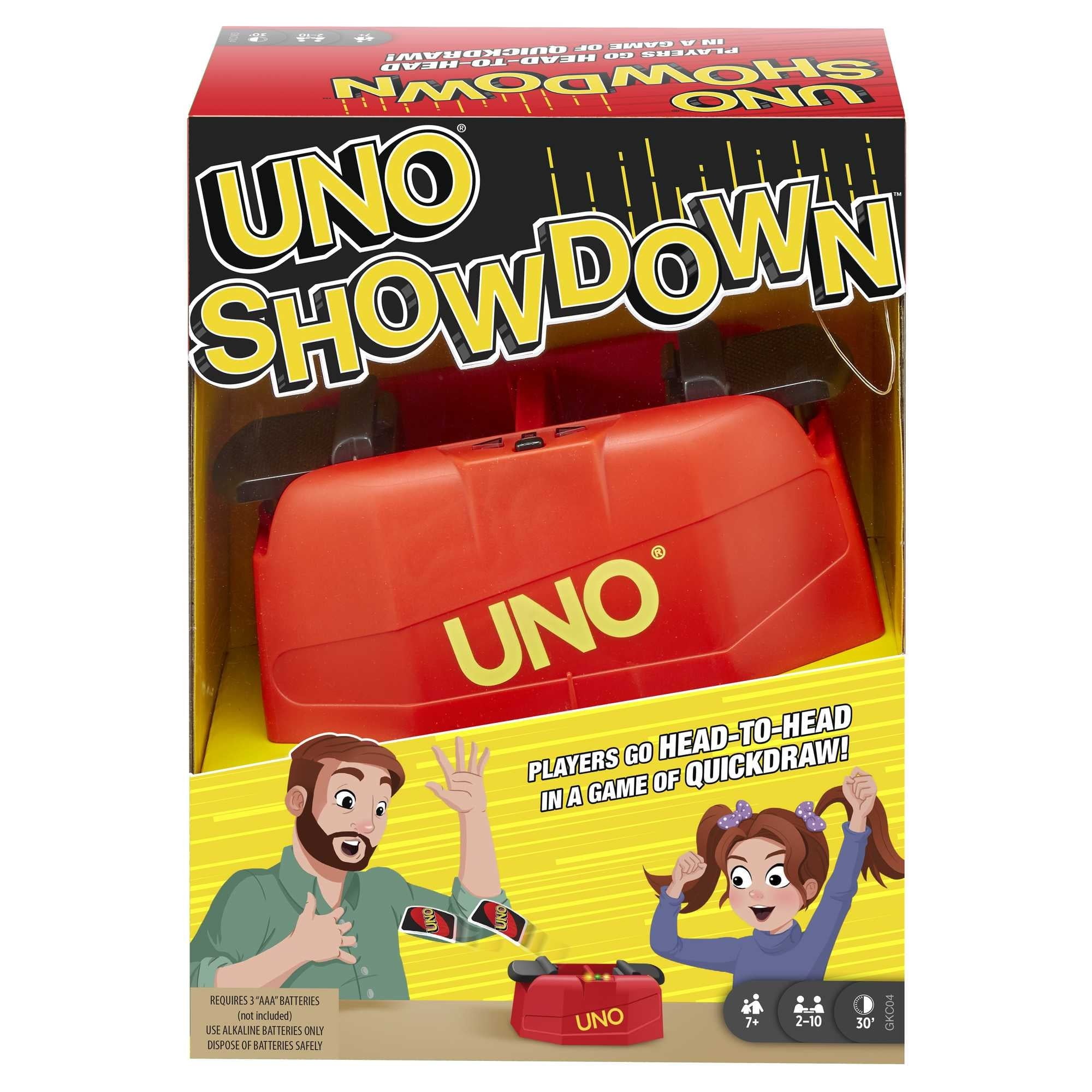 UNO Showdown Card Game for Game Night with Electronic Card Launcher Featuring Lights & Sounds