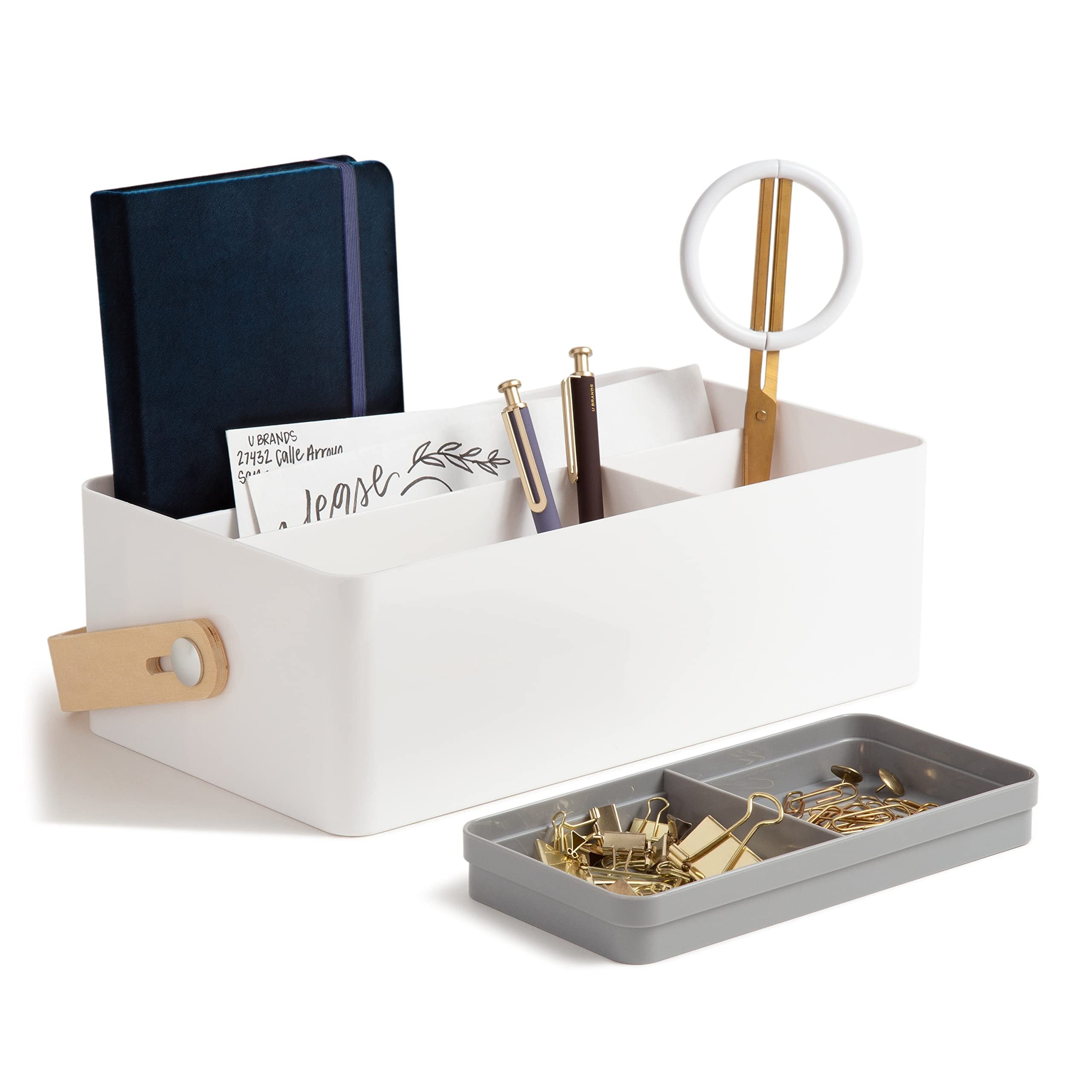 U Brands Mod Caddy Desktop Organizer, Office Supplies, White, with Removable Tray, Poplar Handle, 12.36” x 6.93” x 3.93”