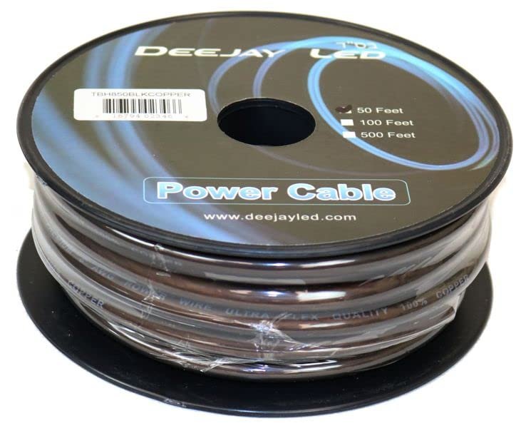 DEEJAYLED Eight-Gauge 50 Foot Black Pure Copper Stranded Power Cable Content Oxygen Free Copper Stranded Wire Style With Thick Black Outer Jacket Power Rating DEEJAY LED TBH850BLKCOPPER