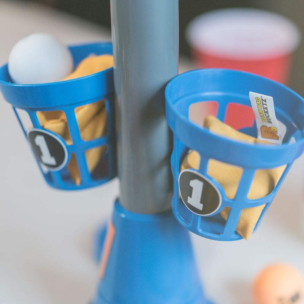 B3 Blitz, Bean Bag and Pong Ball toss Game, Indoor Party Game for Adults and Family: College Bean Bag The Next Generation Pong Game;Game Stand, 5 Buckets 8 Bean Bags 4 Pong Balls, Blue