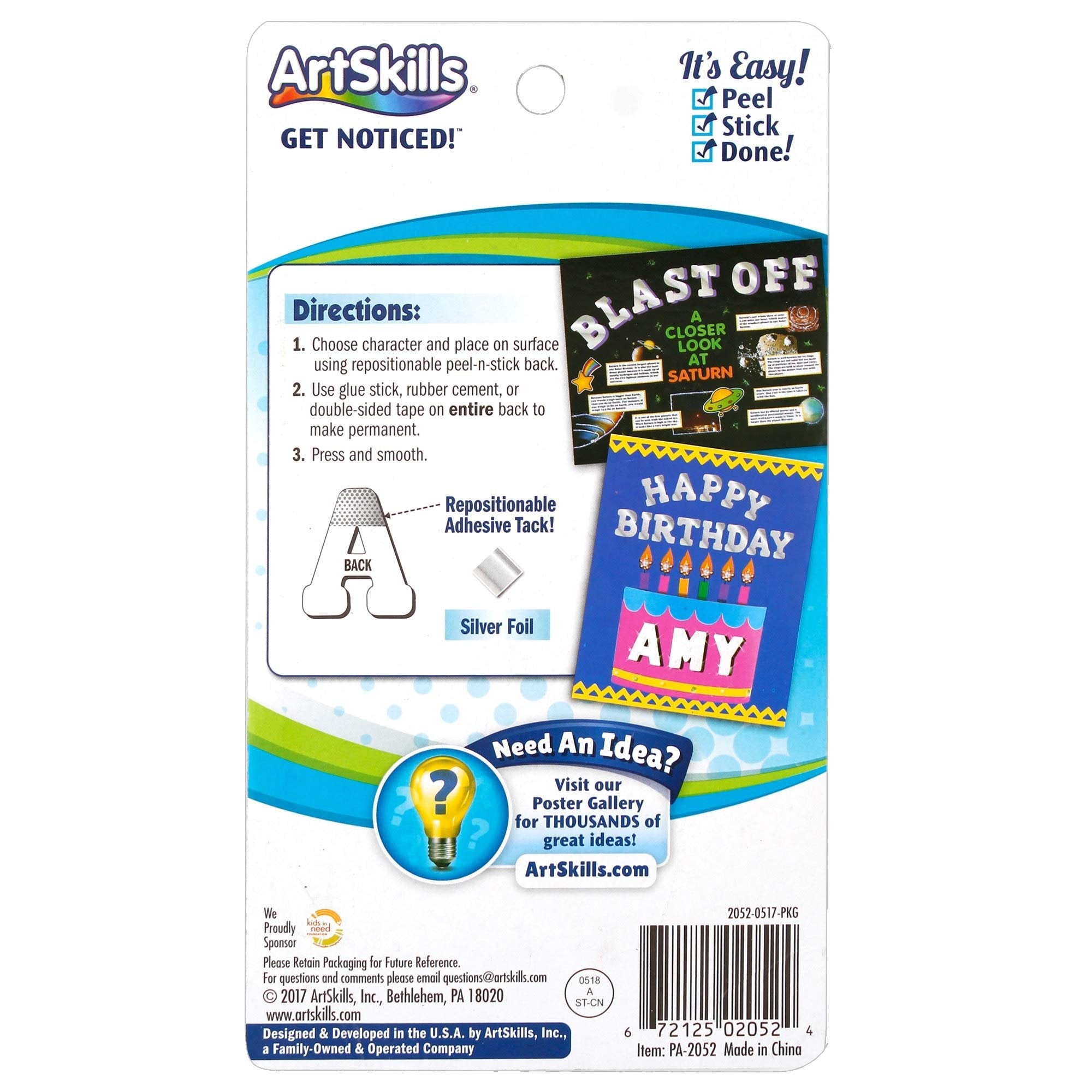 ArtSkills Jumbo Foil 4" Silver Poster Letters Plus Glue Stick, 52- Letters (PA-2052)