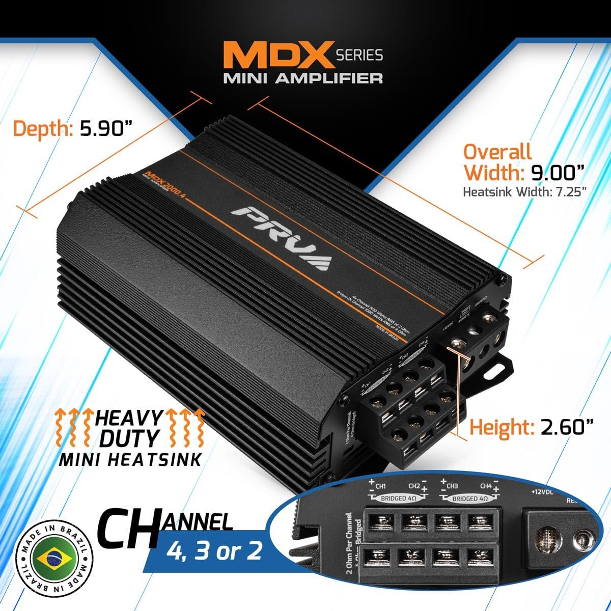 PRV Audio MDX2000.4 2 Ohm Mini 4 Channel Car Audio Amplifier 4 x 500 Watts RMS at 2 Ohm - 2000 Watt 12 Volts Bridgeable Amp for Powersports, Motorcycles, ATV, for High Power Stereo Speaker Systems