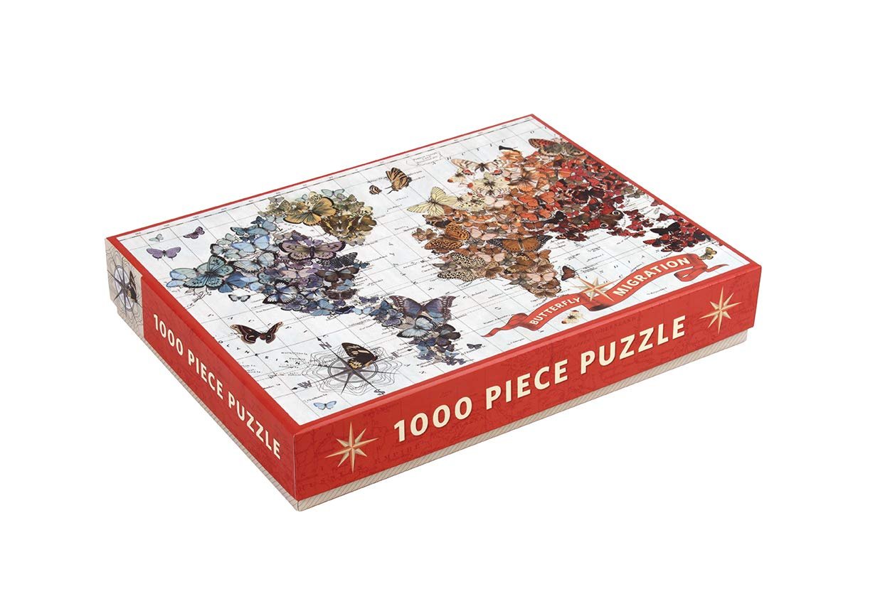 Galison Wendy Gold Butterfly Migration 1000 Piece Jigsaw Puzzle for Adults and Families, Vibrant Illustrated World Map Puzzle with Butterflies as Continents