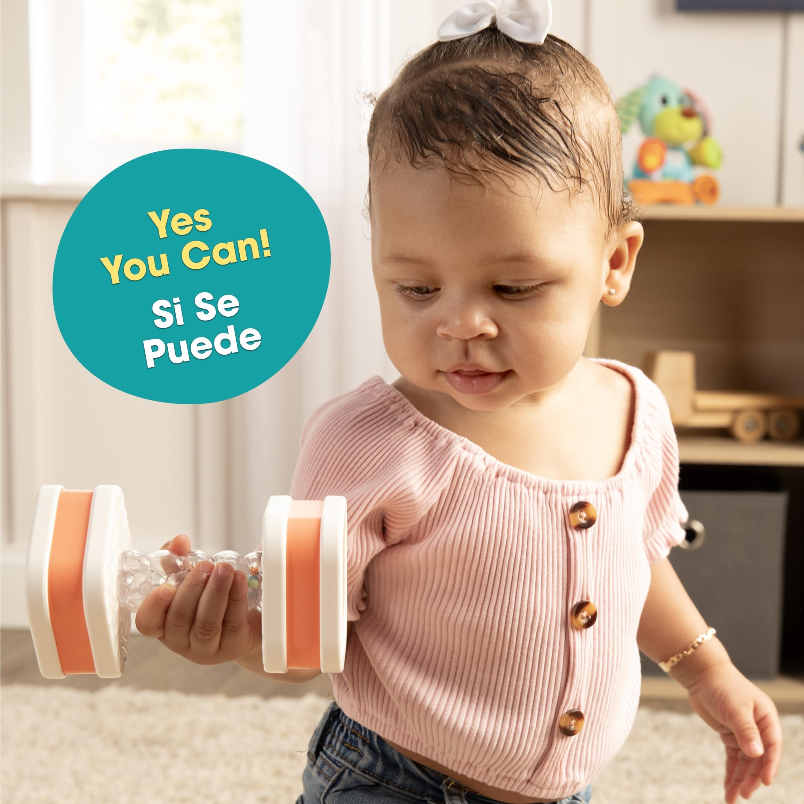 BEBE FUERTE Twist & Shake Dumbbell by Robin Arzon - Bilingual Toddler Sensory Toys - Baby Workout Toys - Baby and Toddler Gifts for Ages 3 Months and Up