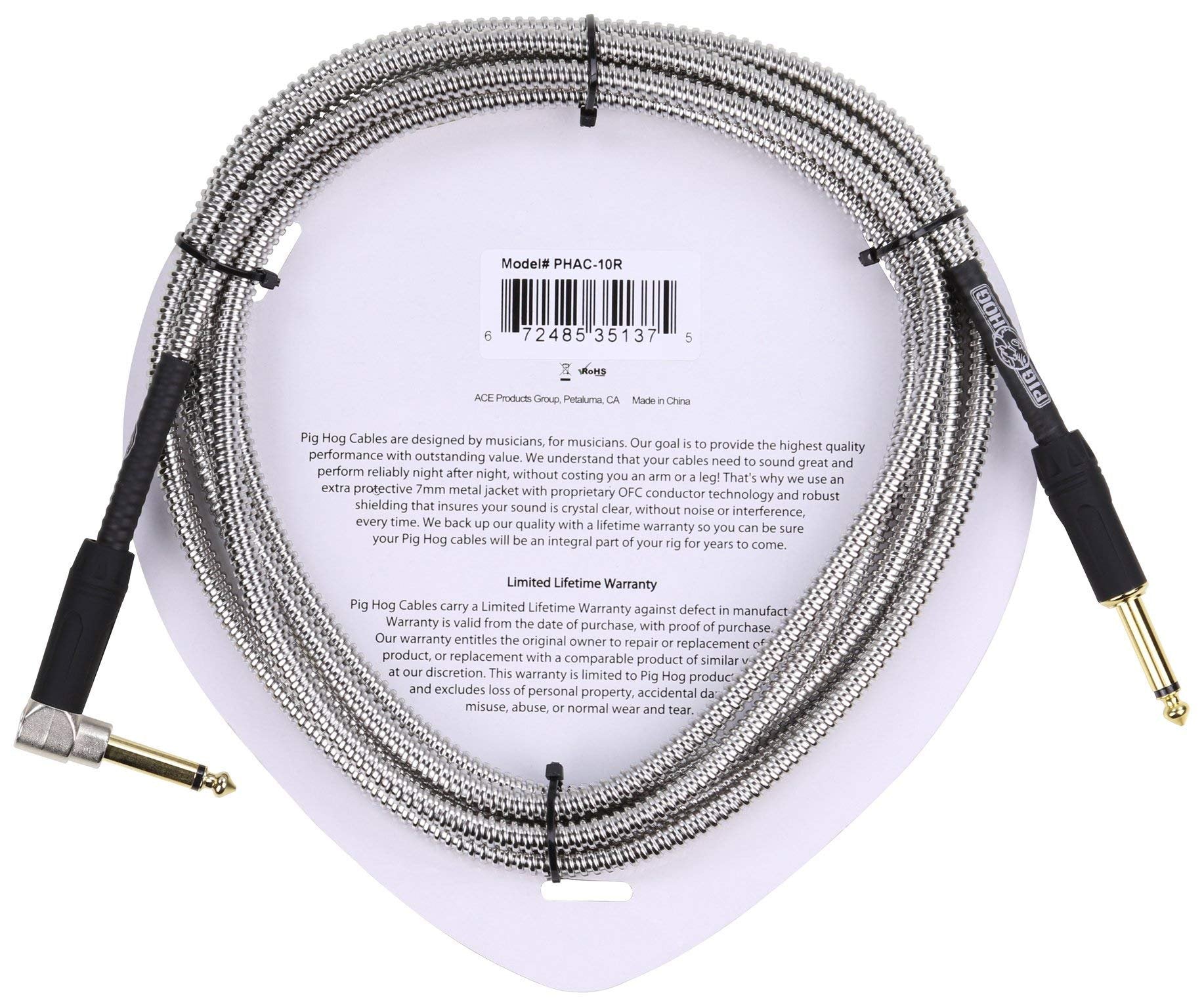 Pig Hog PHAC-10R Armor Clad Right-Angle 1/4" to 1/4" Guitar Instrument Cable