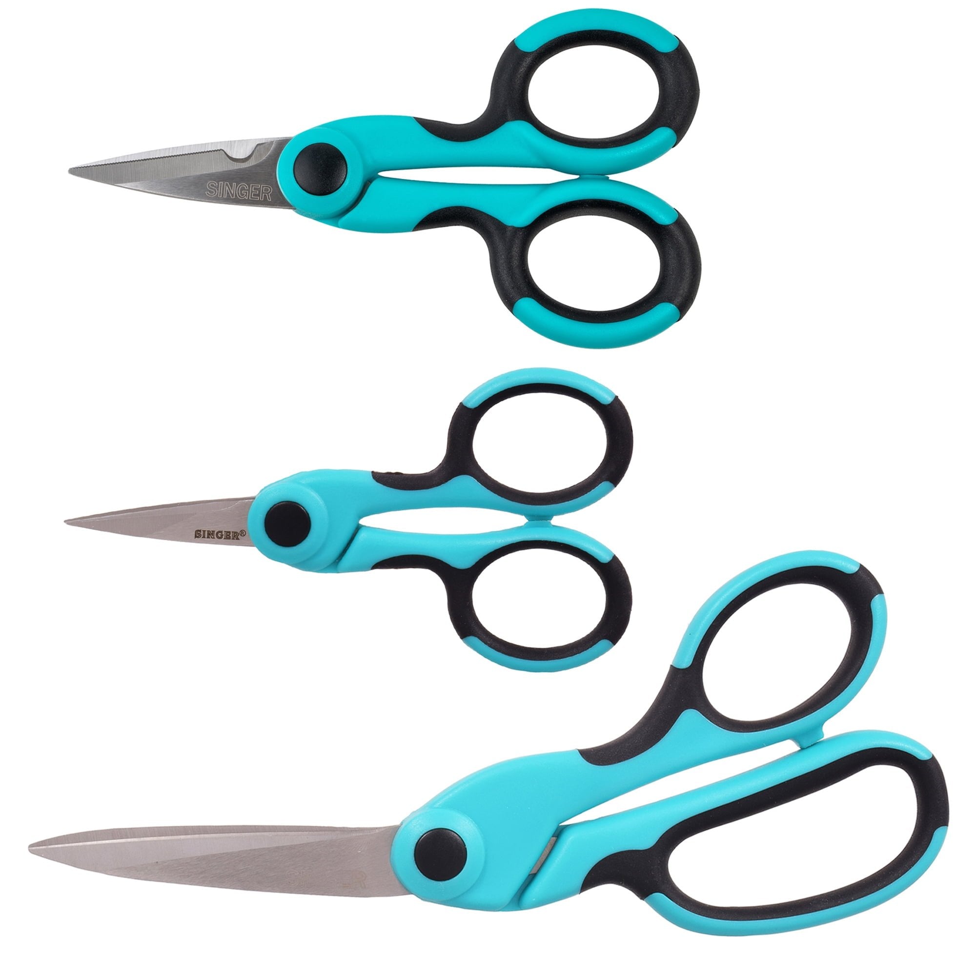 SINGER ProSeries Scissor Set, Heavy Duty Bent 8 1/2" Fabric Scissors, All Purpose 5 1/2" Craft Scissors, 4 1/2" Detail Scissors, Teal, Pack of 3