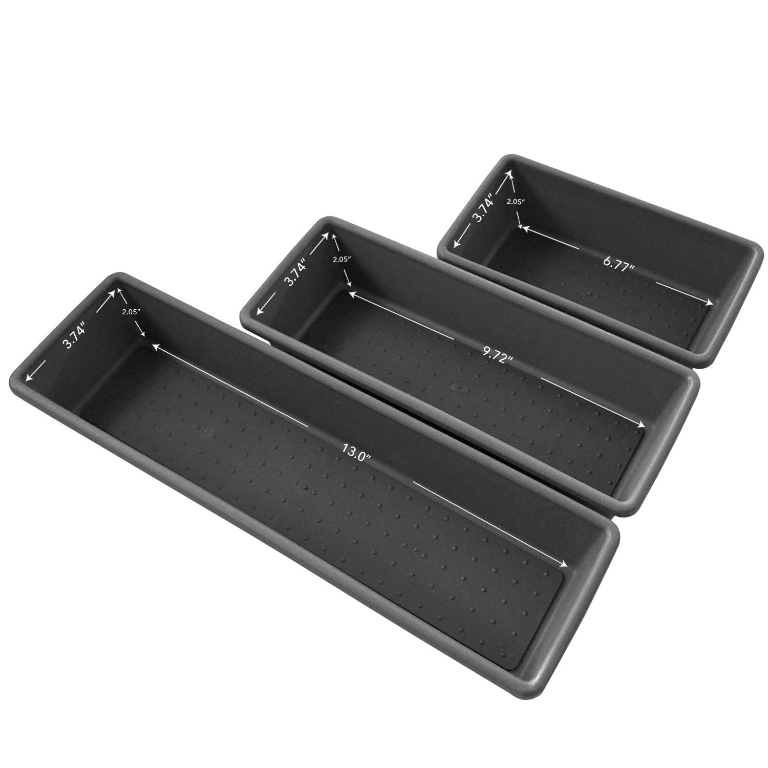 edge Tray Bins 3 Pack Multi Use Storage for Kitchen Darwers, Office and Bathroom Non-Slip Durable Rubber Lining, Charcoal - Small