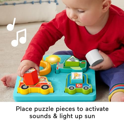 Fisher-Price Baby Sorting Toy Shapes & Sounds Vehicle Puzzle with Music & Lights for Fine Motor Play, Ages 9M+