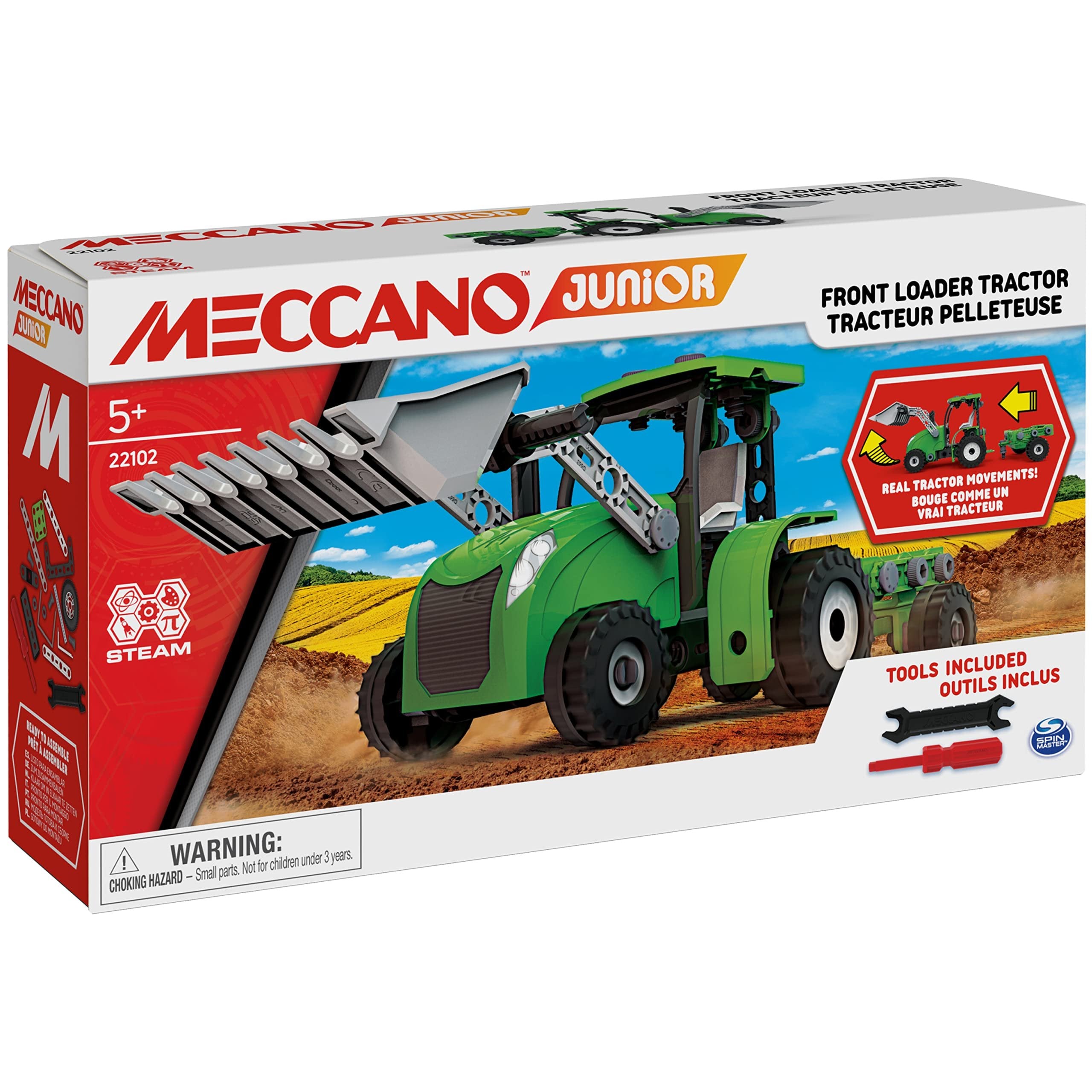 Meccano Junior, Front Loader Tractor with Moving Parts and Real Tools, Toy Model Building Kit, STEM Toys for Kids Ages 5 and up