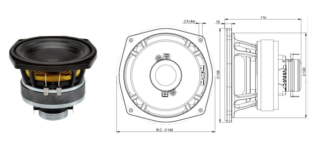 B&C Speakers 5FCX44-8 5-inch Professional Coaxial Speaker 100 Watts Rms 200 Watts Peak 8 Ohms Waterproof Front Side Motorcycle Car Pro Audio Sound Compact - ALT005FCX448