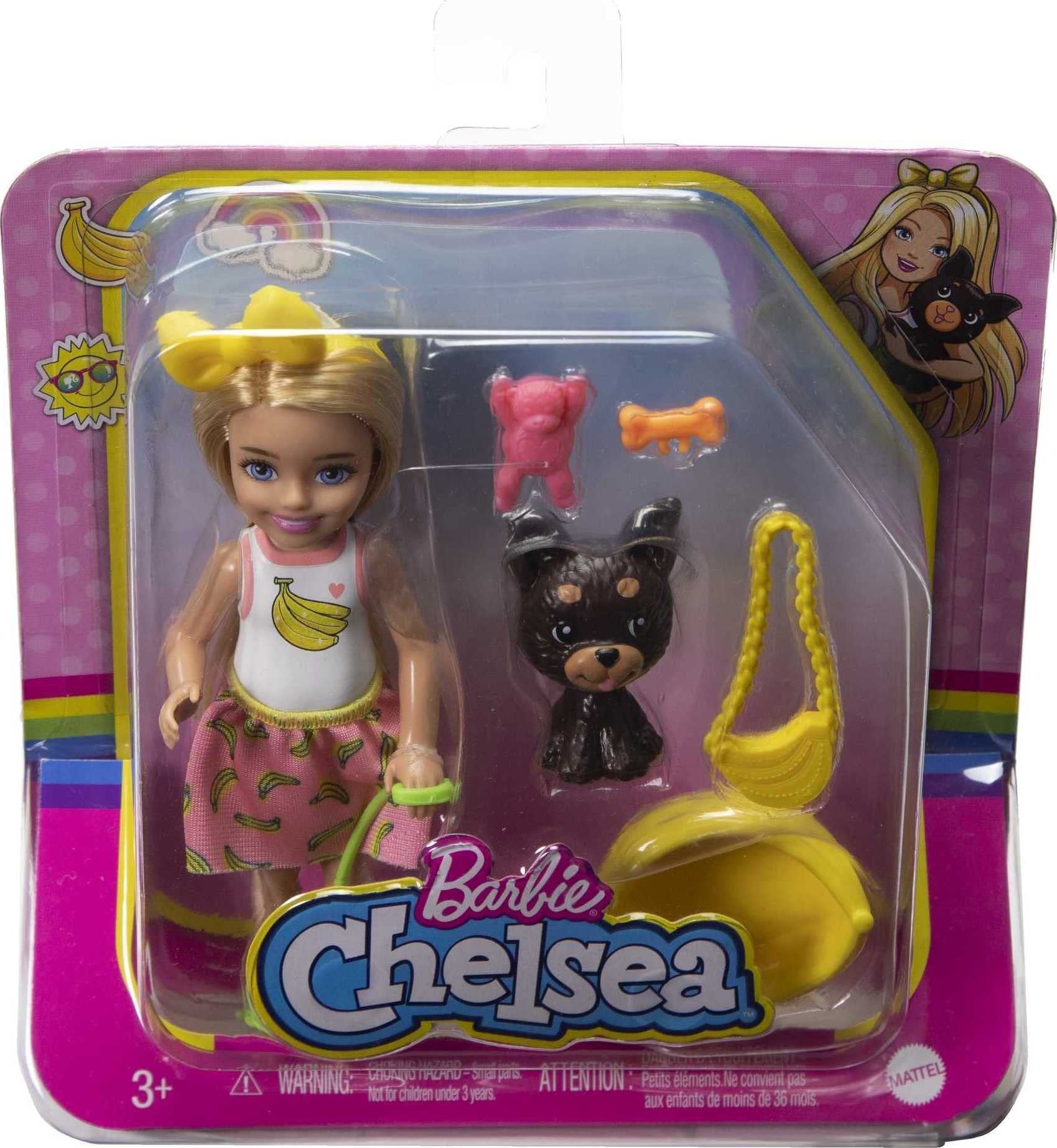 Barbie Chelsea Doll & Accessories, Blonde Small Doll with Removable Banana-Print Skirt, Puppy, Pet Bed & More