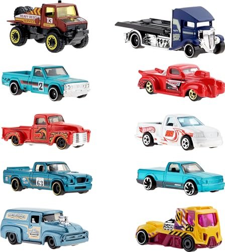 Hot Wheels 10-Pack, Set of 10 Toy Trucks in 1:64 Scale, Mix of Officially Licensed & Unlicensed Pick-Ups, Rescue or Semi Trucks (Styles May Vary)
