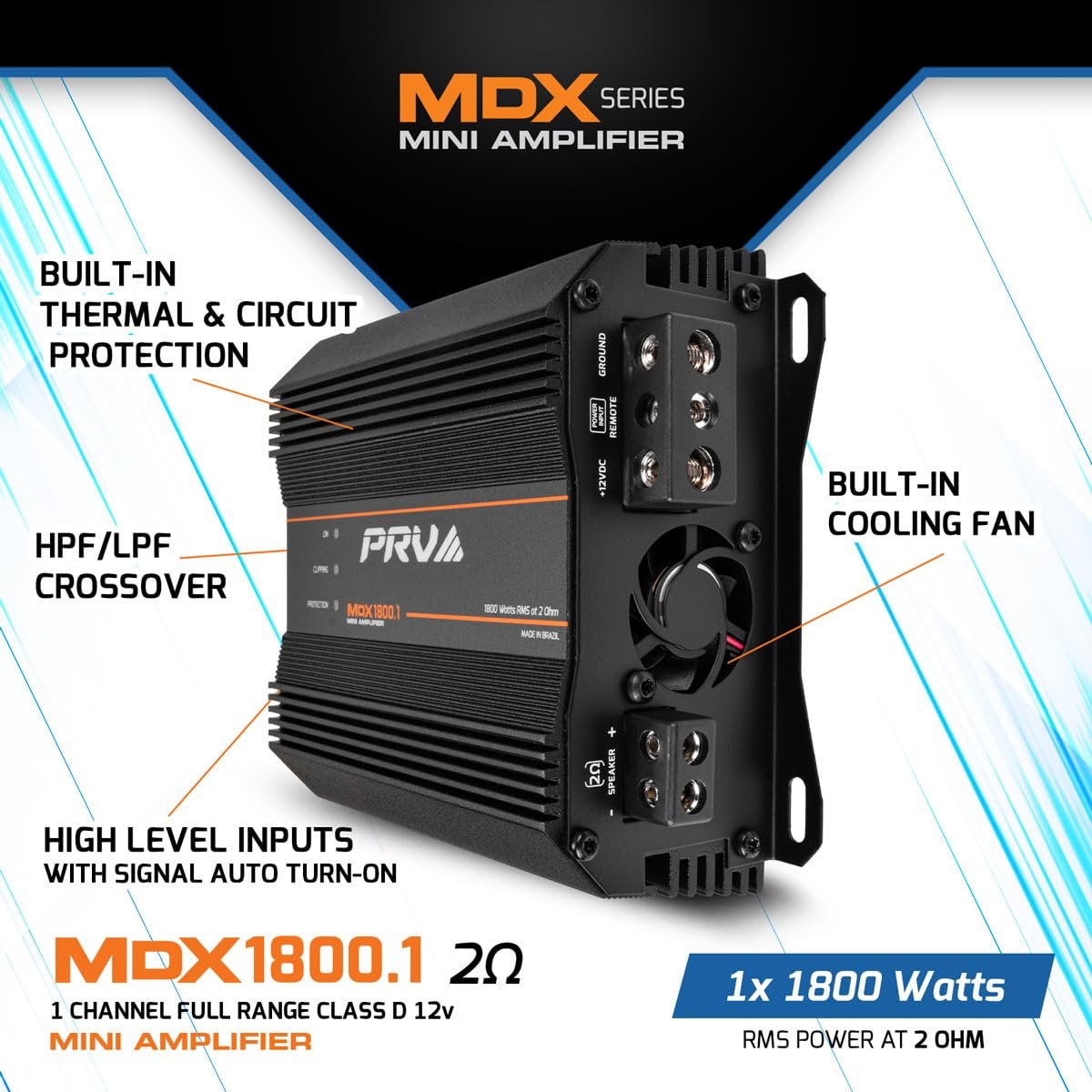 PRV Audio MDX1800.1 2 Ohm Mini Car Audio Amplifier 1 Channel 1800 Watts RMS Ultra Compact Full Range Monoblock Class D Amp for Powersports, Motorcycles, ATV, for High Power Loudspeaker Systems
