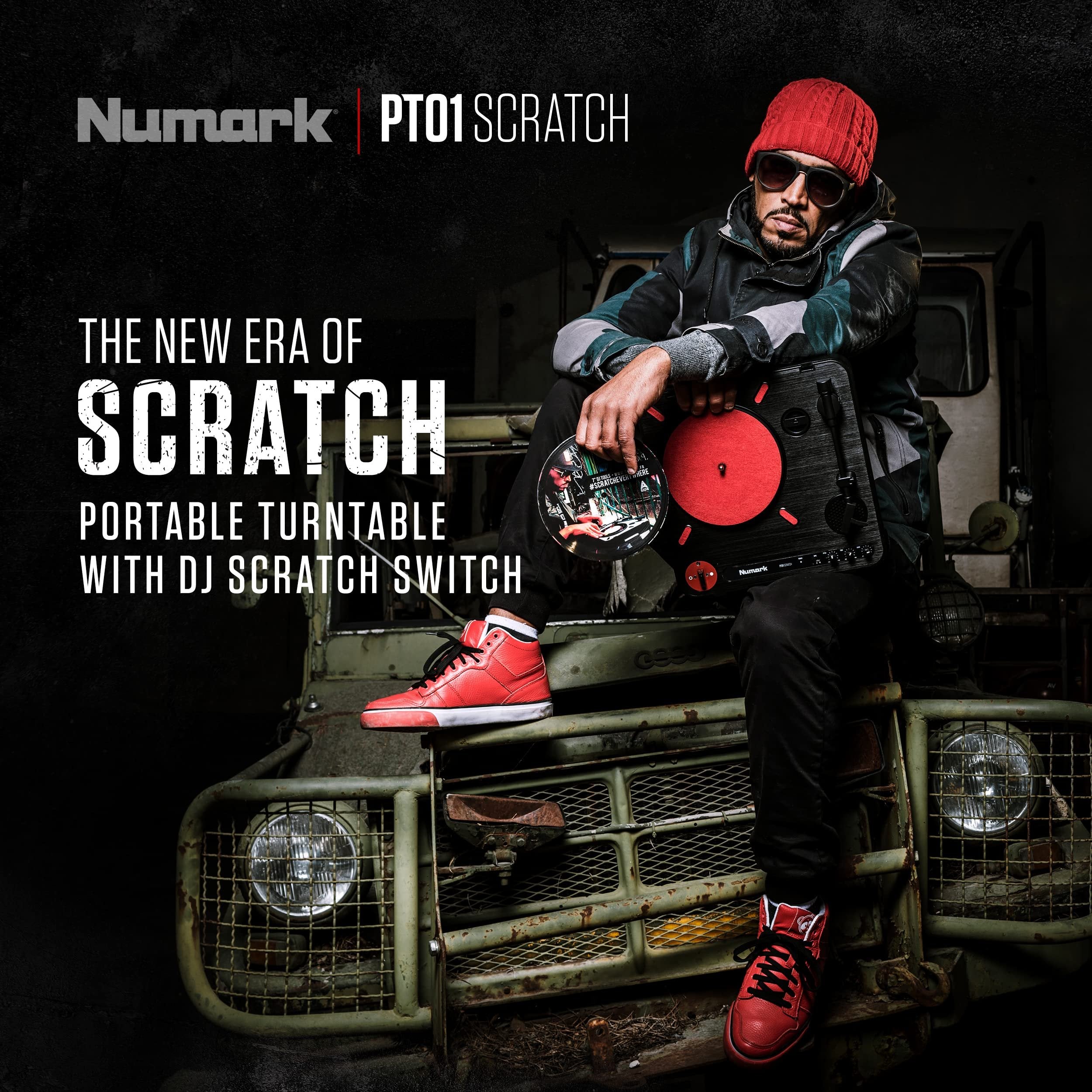 Numark PT01 Scratch | DJ Turntable for Portablists With User Replaceable Scratch Switch, Built In Speaker, Power via Battery or AC Adapter, Three Speed RPM Selection & USB Connectivity