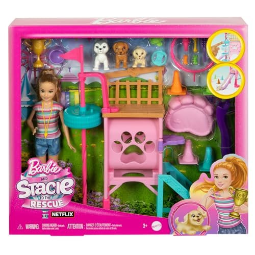 Barbie and Stacie to The Rescue Doll & Playset, Puppy Obstacle Course with Doll, 3 Dog Figures & 18 Accessories
